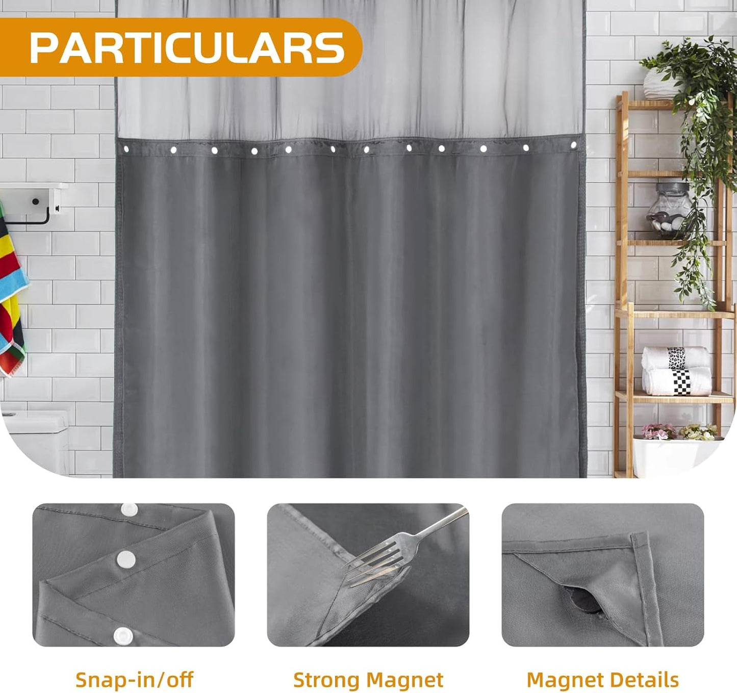 1 Pack Fabric Snap-In Shower Curtain Liner Replacement,Compatible with No Hook Shower Curtain with Snap in Liner, Removable & Water-Repellent,Machine Washable,70X54,Grey