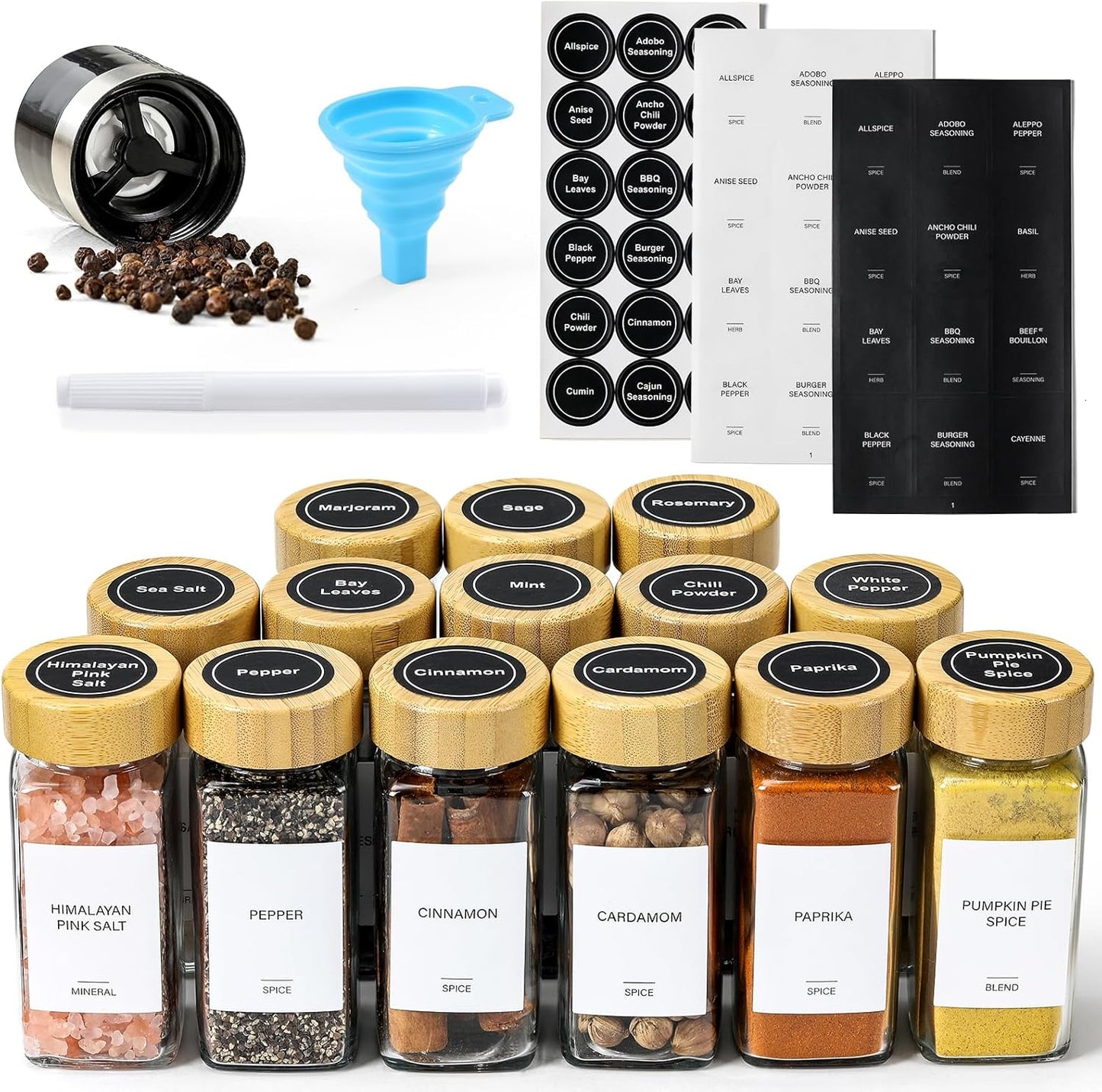 14 Pcs Spice Jars with Bamboo Lids - 4Oz Square Spice Bottles with Spice Labels, Shaker Lids, Funnel