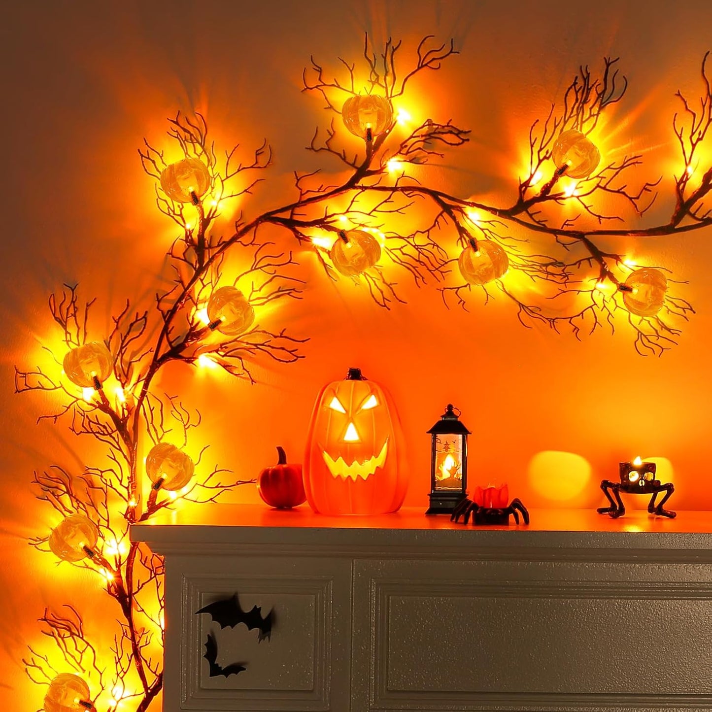 Halloween Garland with Lights Decorations with Pumpkin Lights,Battery Operated 6FT 47 LED Halloween Willow Vine Twig Garland for Mantle,Wall,Fireplace and Halloween Decorations