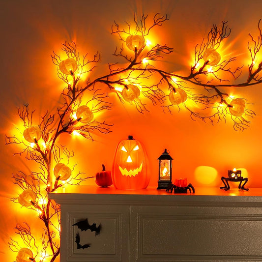 Halloween Garland with Lights Decorations with Pumpkin Lights,Battery Operated 6FT 47 LED Halloween Willow Vine Twig Garland for Mantle,Wall,Fireplace and Halloween Decorations