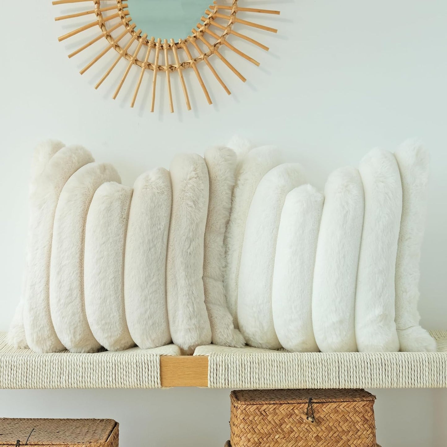 Pack of 2 Faux Fur Plush Decorative Throw Pillow Covers Couch Cushion Case Soft Fluffy Pillowcases Wide Stripe (Beige, 18 X 18 Inch)
