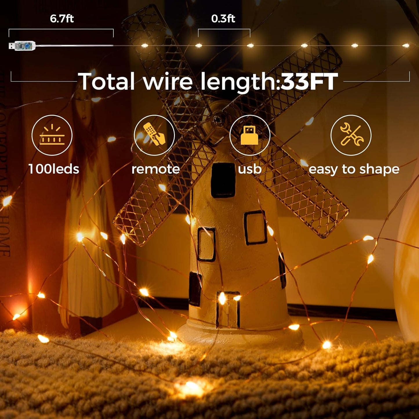 1 Pack 32. 8 Ft. USB Powered Fairy Lights with Remote & Timer, 100 LED USB Twinkle String Lights - Silver Wire, 8 Modes, Waterproof, Warm White Starry Lights for Party, Wedding, Christmas