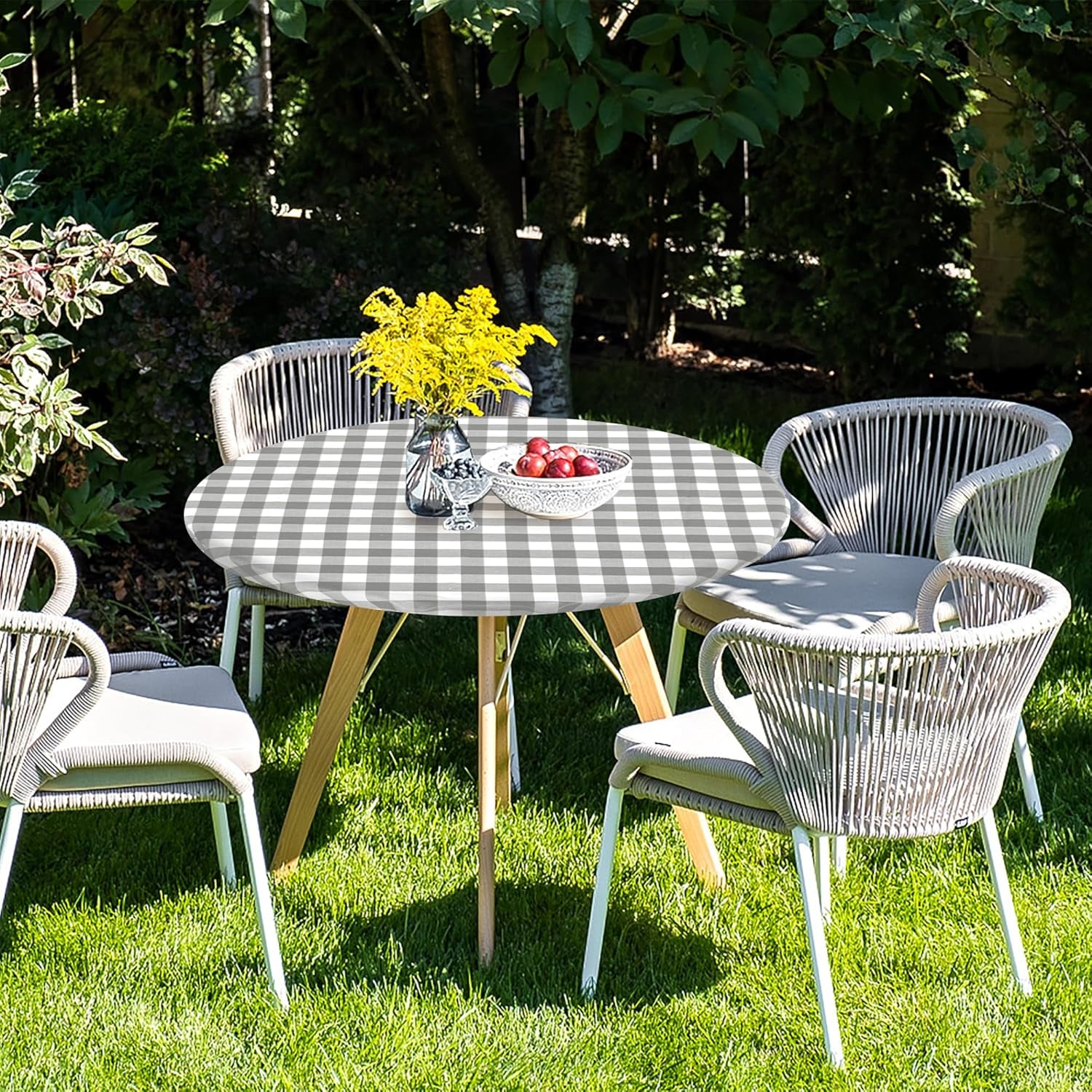 Round Vinyl Fitted Table Cover Set - 2 Pack Waterproof Checkered Elastic Edged Tablecloths with Flannel Backing for Picnics and Parties, Silver/White (Suitable for 45"-56" Round Tables)