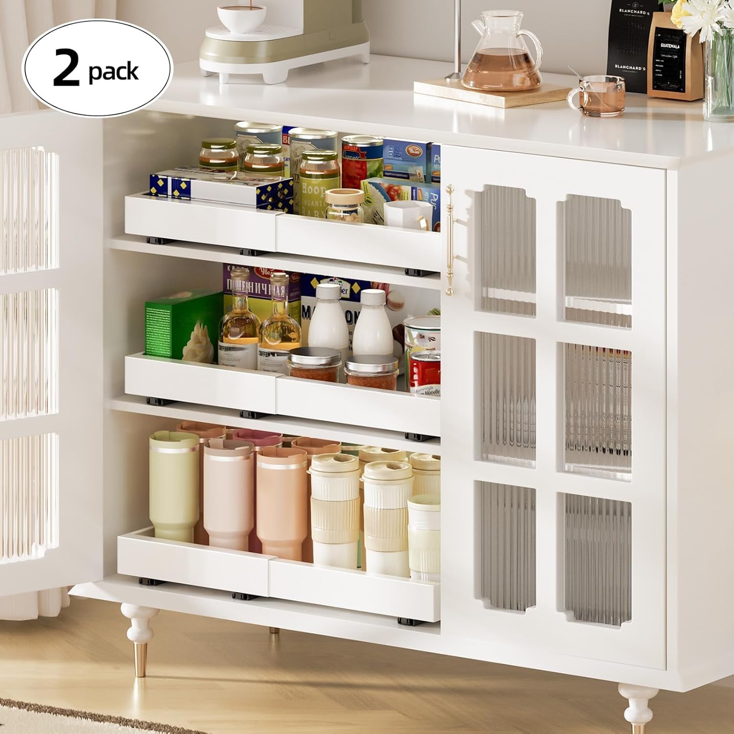 2 Pack 16" Deep Pull Out Cabinet Organizer with 6 Dividers, Expandable (11.7" -20" W) Pull Out Drawers for Cabinets, Cabinet Trays Pull Out for Cabinets in Kitchen, Pantry or Bathroom