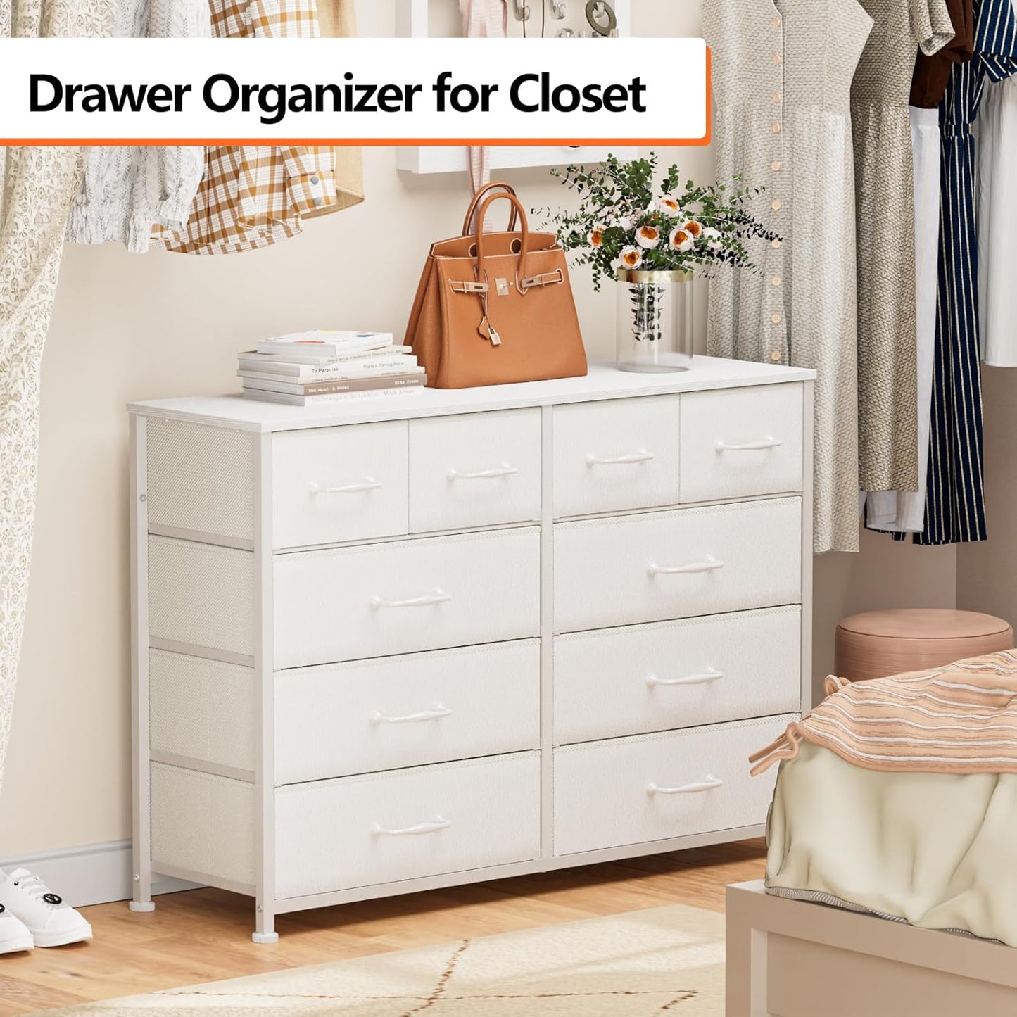 White Bedroom Dresser for 55” TV Stand - Entertainment Center with 10 Fabric Storage Drawers, Sturdy Metal Frame Tall Storage Cabinet for Living Room and Entryway