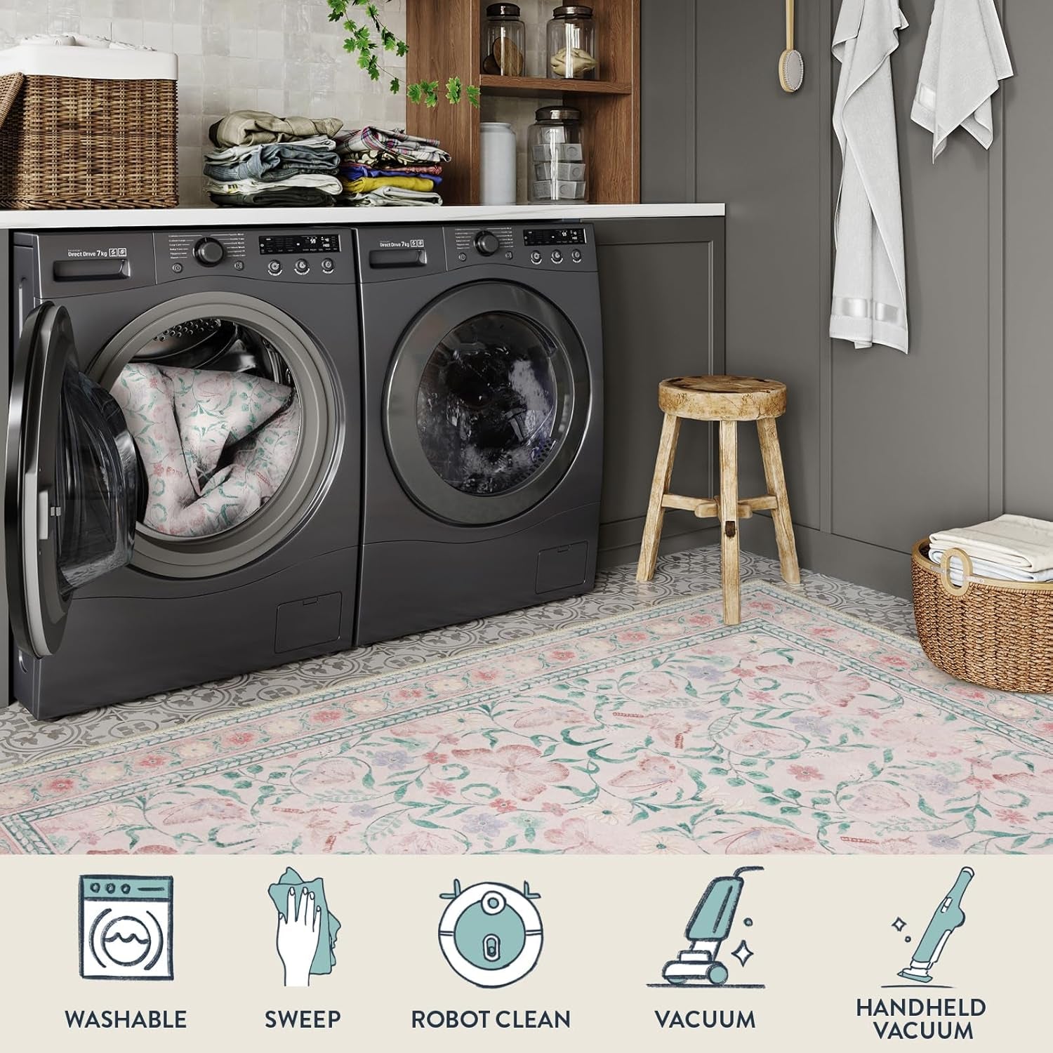 8X10 Butterfly Pink Area Rug for Living Room, Soft Boho Kids Rugs for Bedroom Classroom Rubber Backed, Thin Stain Resistant Floral Large Carpet Non Shedding for Playroom