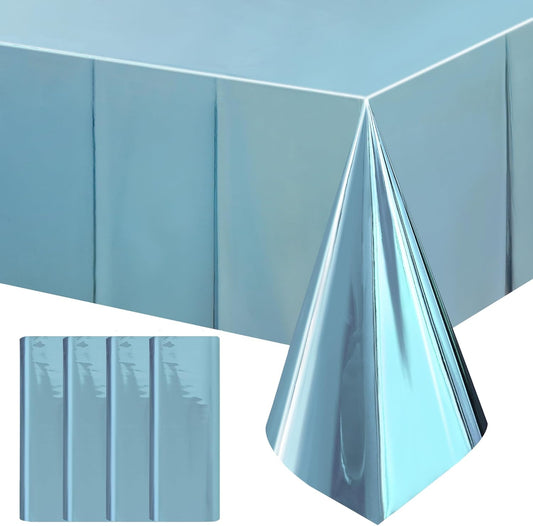 Light Blue Foil Disposable Tablecloths - 54 x 72 Inches - Waterproof Covers for Baby Showers, Frozen-Themed Birthdays, Winter Celebrations, Christmas, Weddings, and Graduations - Set of 4