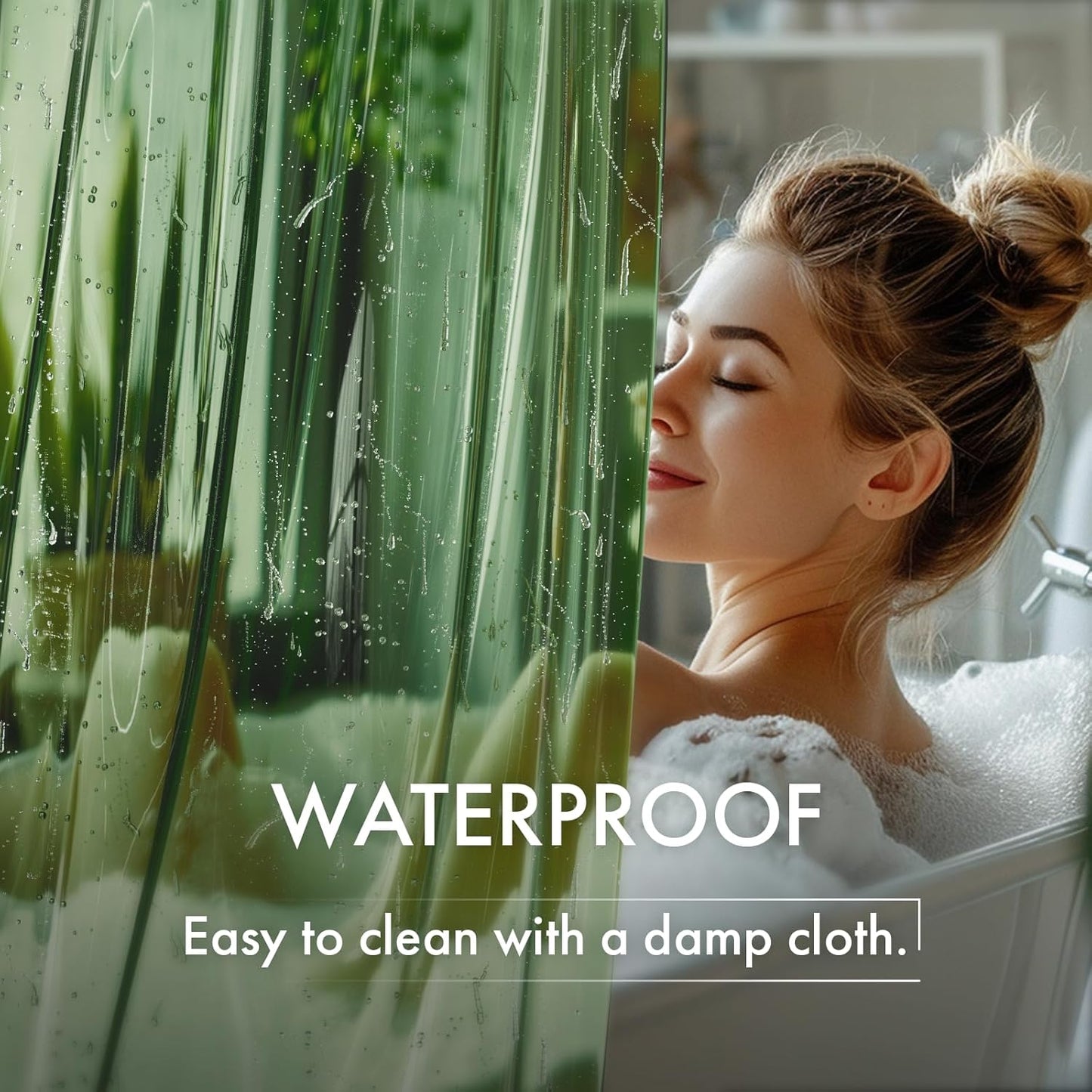 No Hook Shower Curtain Liner, 100% EVA Heavy Duty Hookless Shower Curtain and Liner 3-In-1, 72X75 Luxury Soft Shower Liner with 3 Heavyweight Stones, Clear Green