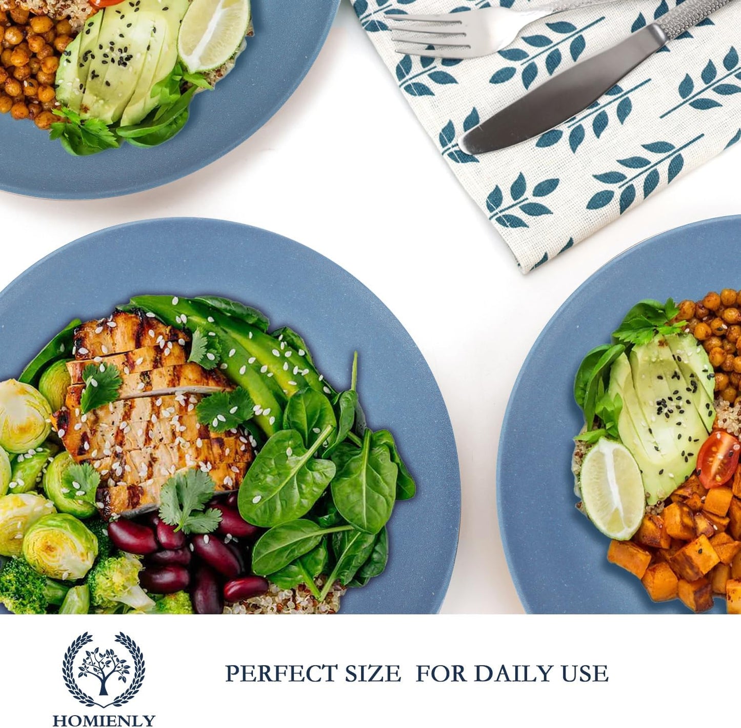 Set of 8 Unbreakable Wheat Straw Flat Dinner Plates - Microwave and Dishwasher Safe, Perfect for Camping and Salads (Blue, 10 Inch)