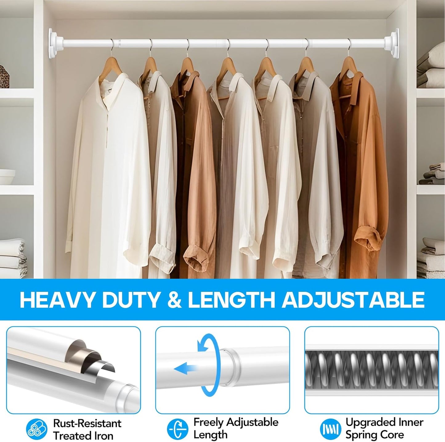 Closet Rod 28 to 48 Inch Closet Rods for Hanging Clothes Adjustable Closet Rod 1 Inch Diameter Heavy Duty Closet Hanging White Tension Rods for Closet Laundry RV, Bathroom, Window, Curtains