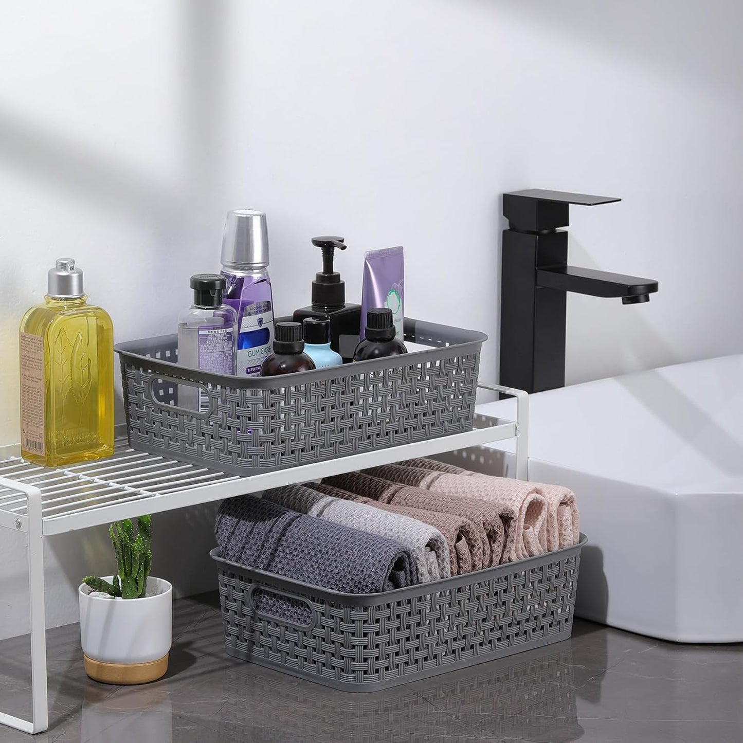 Plastic Storage Baskets - 8 Pack, Gray, Durable, Easy to Use, Flexible, Multi-Purpose, Ideal for Closets, Cabinets, Shelves, Countertops
