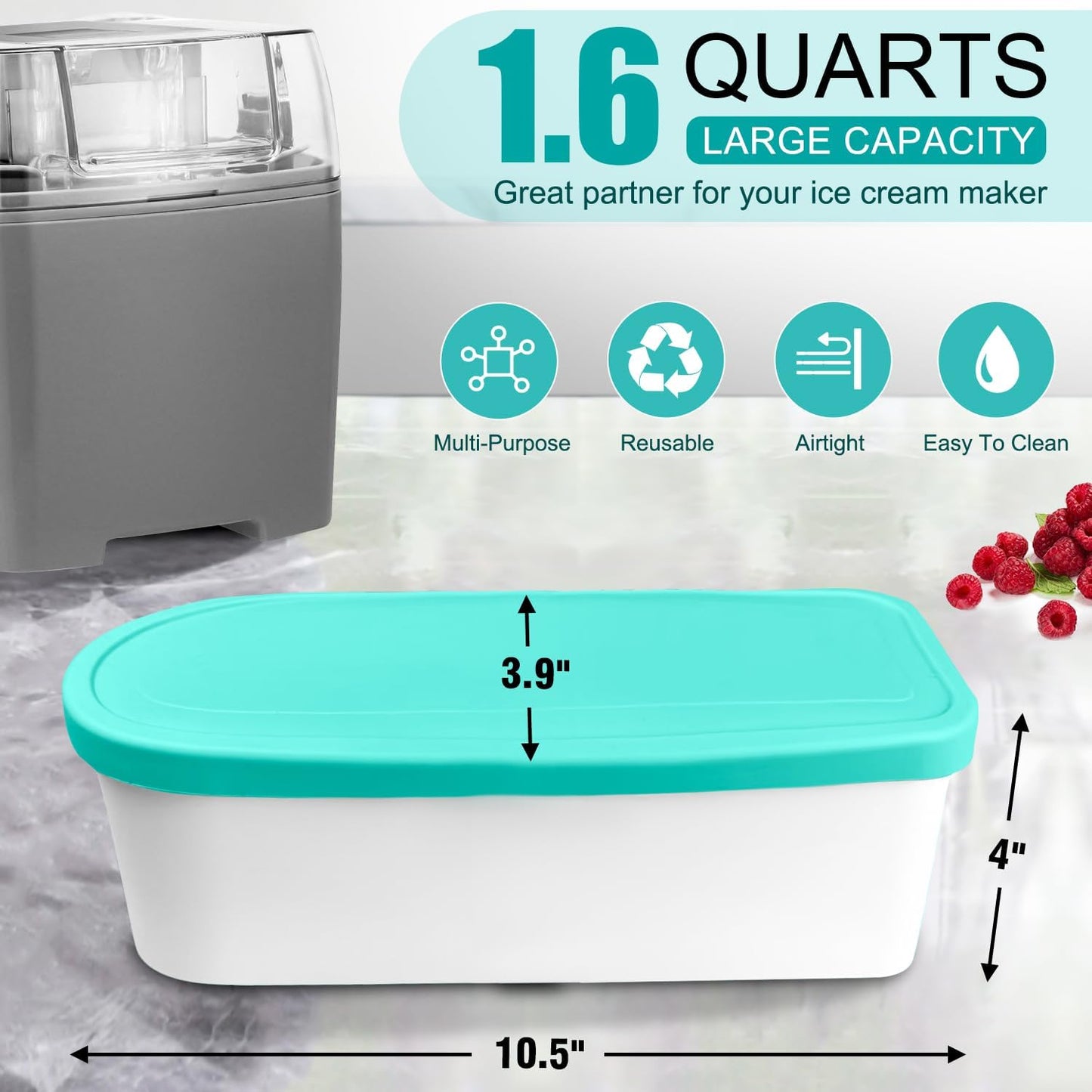 Ice Cream Containers - 1.6 Quart Each, Reusable Homemade Ice Cream Tubs with Silicone Lids, Stackable Freezer Storage Container for Yogurt, Sorbet, Gelato, Bonus 2 Bands, 12 Stickers, Set of 2