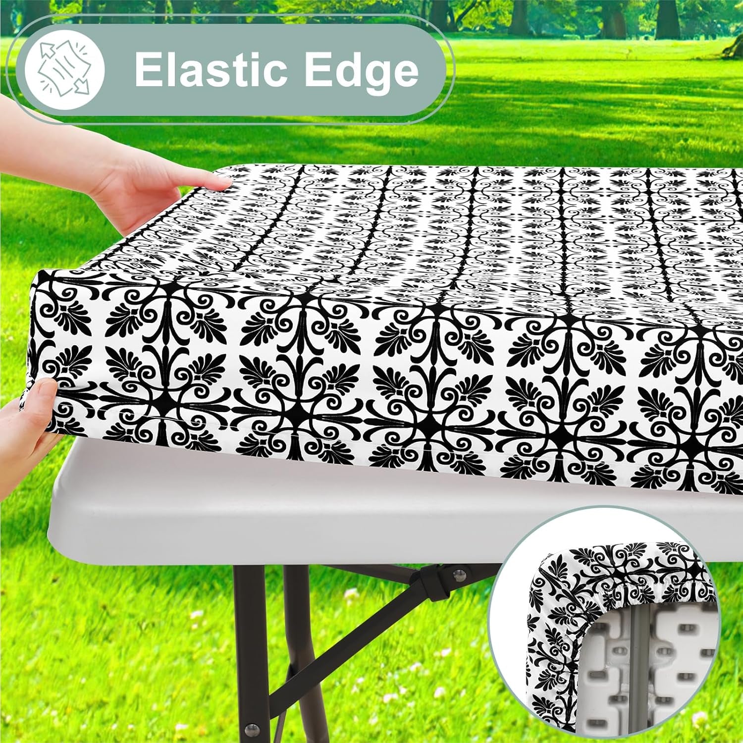 2 Pack 6 Foot Rectangle Picnic Tablecloth, Elastic Fitted Waterproof Table Cover, Windproof Washable Polyester Table Cloth for Camping, Indoor and Outdoor (Black, 30" X 72")