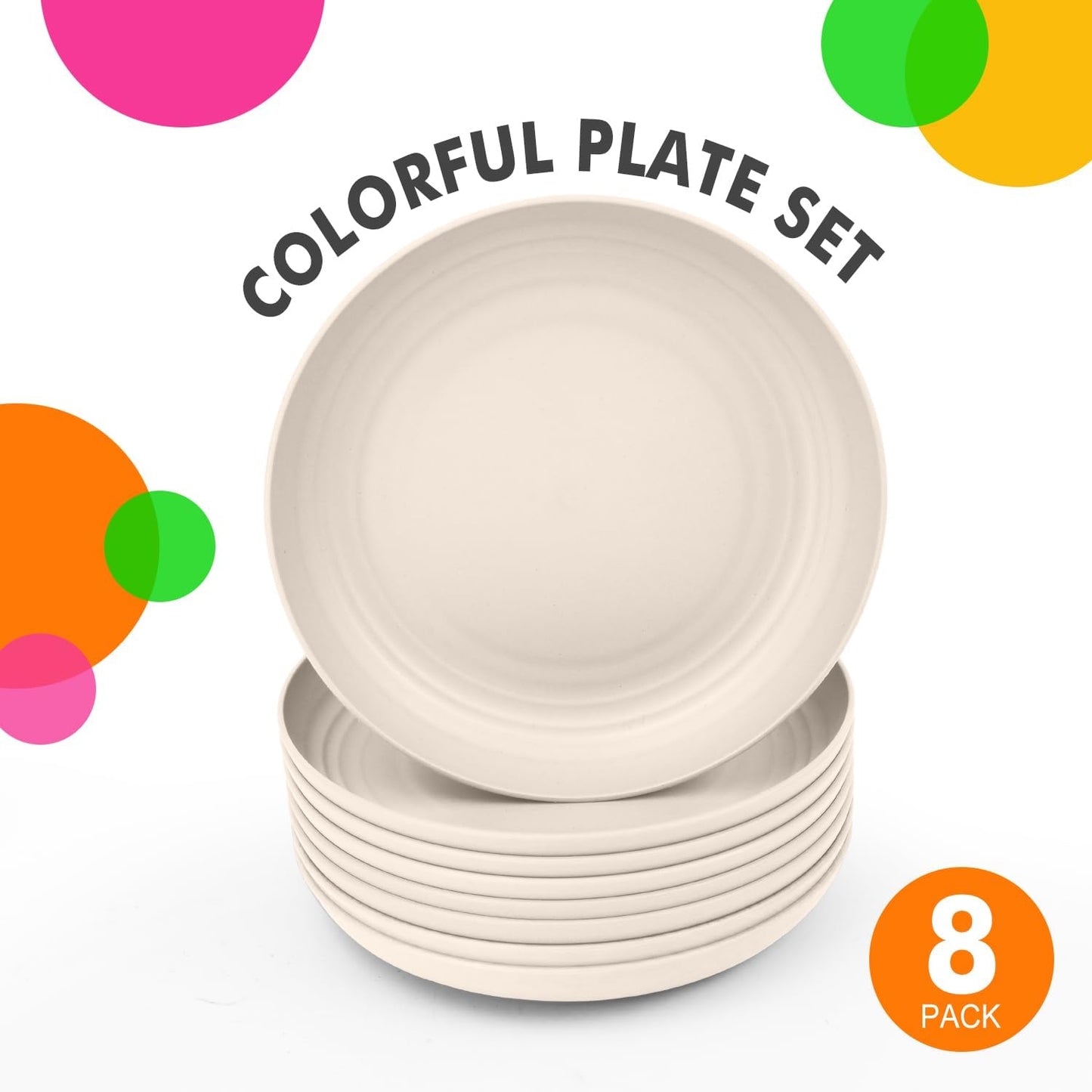 Set of 8 Unbreakable 9-Inch Wheat Straw Dinner Plates, Dishwasher and Microwave Safe, Modern Beige Design