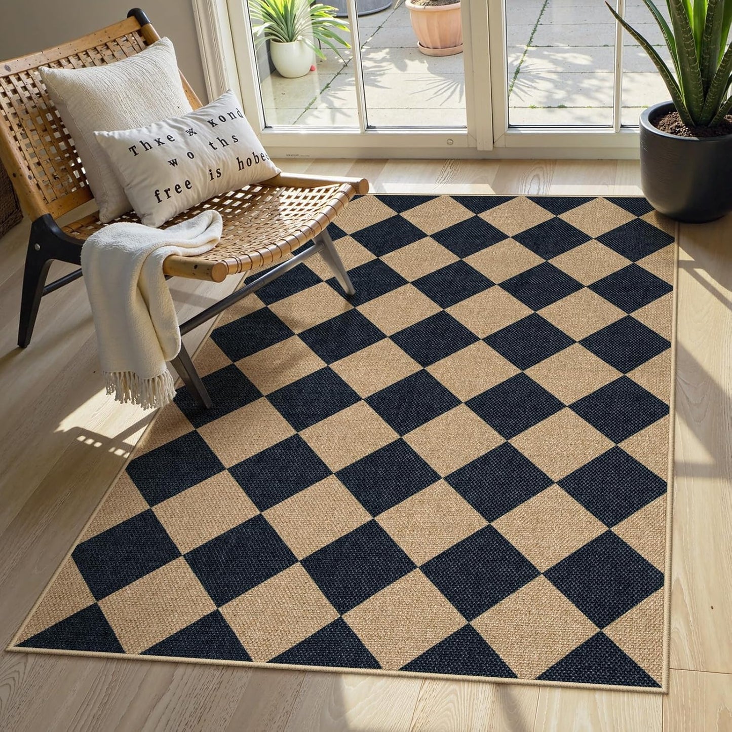Checkered Easy Jute 3X5 Outdoor Patio Rug, Washable Rugs for Entryway Diamond Indoor Outdoor Living Room Carpet, Farmhouse Neutral Non Slip Black Door Carpet for Backyard Bedroom