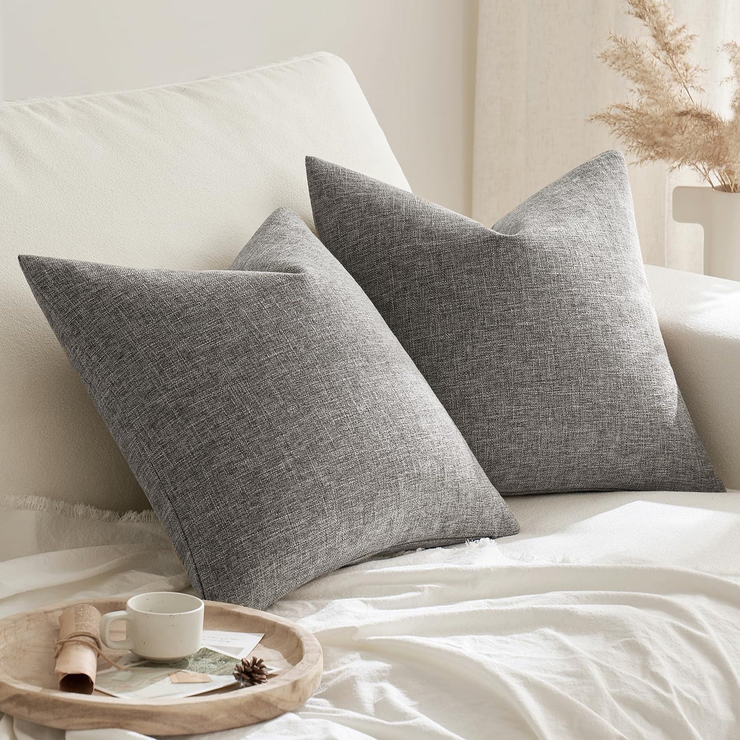 Pack of 2 Decorative Farmhouse Linen Pillow Covers Rustic Boho Accent Outdoor Couch Throw Pillow Covers for Cushion Bed Sofa Living Room Home Decor 18X18 Inch Grey