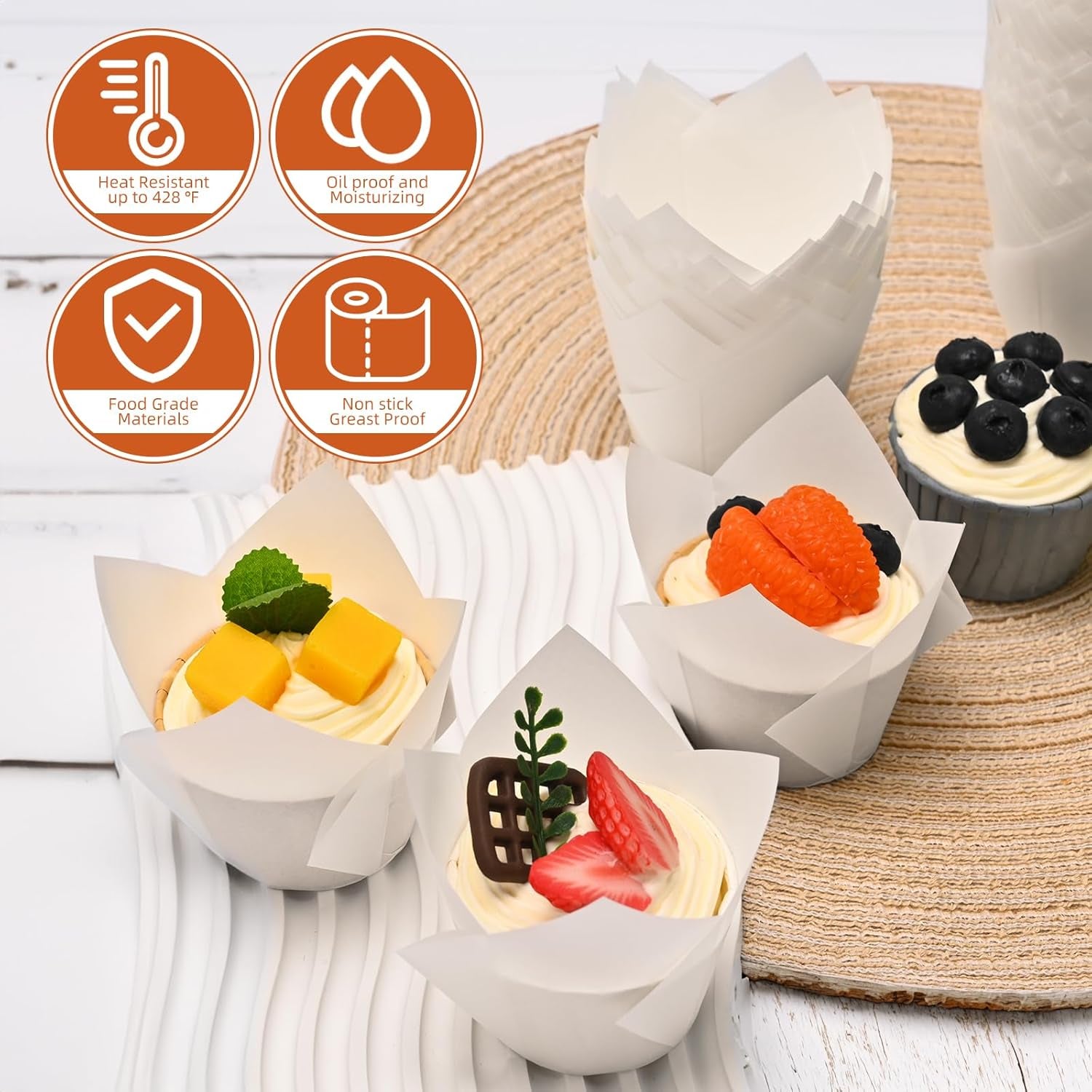 200Pcs White Tulip Cupcake Liners for Baking Cups, Premium Parchment Paper Tulip Muffin Liners, Greaseproof Cupcake Wrapper for Party, Christmas by
