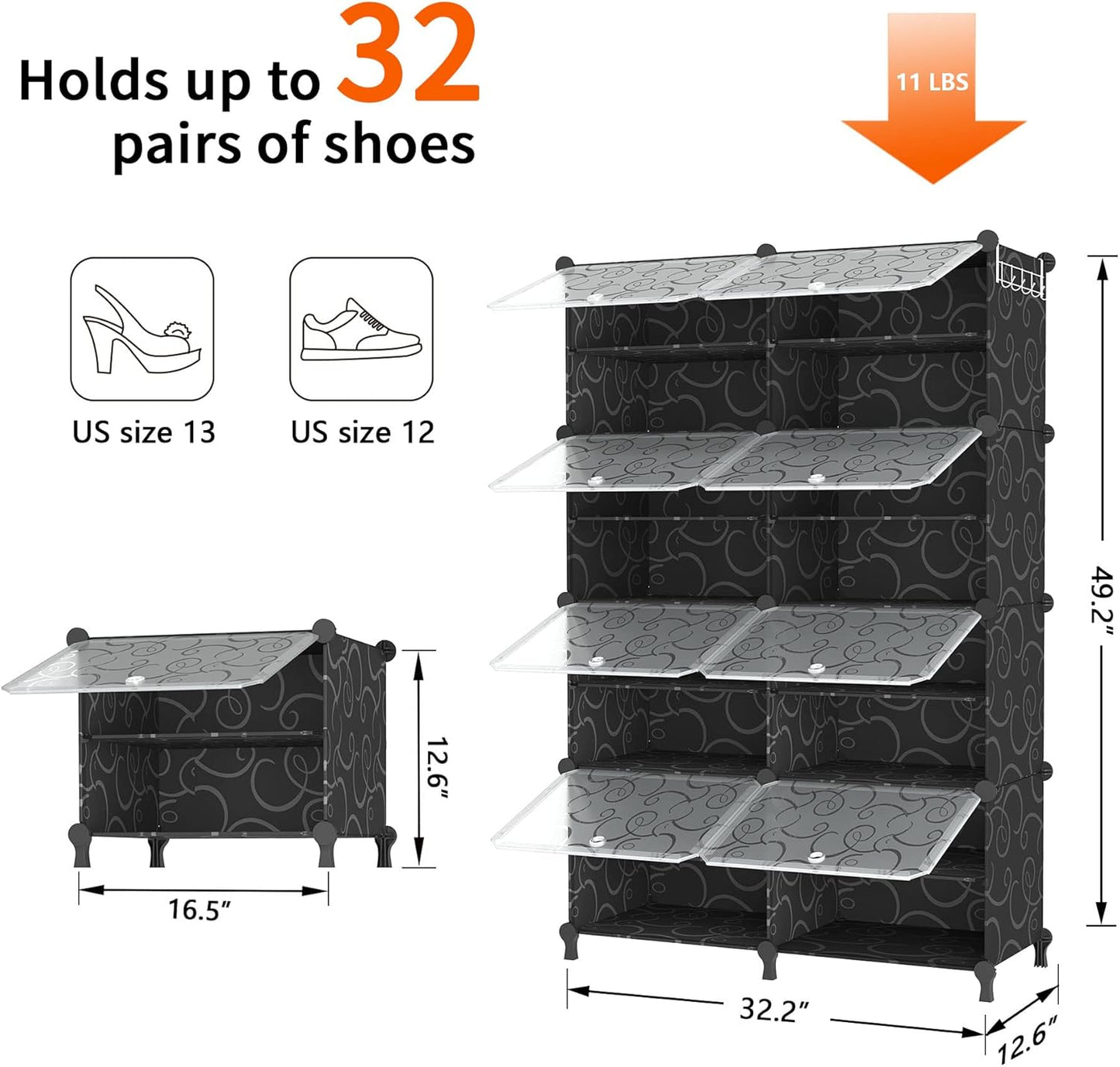 Shoe Rack, 8 Tier Shoe Storage Cabinet with Door, 32 Pair Shoe Organizer Shelves for Closet Hallway Bedroom Entryway, Black