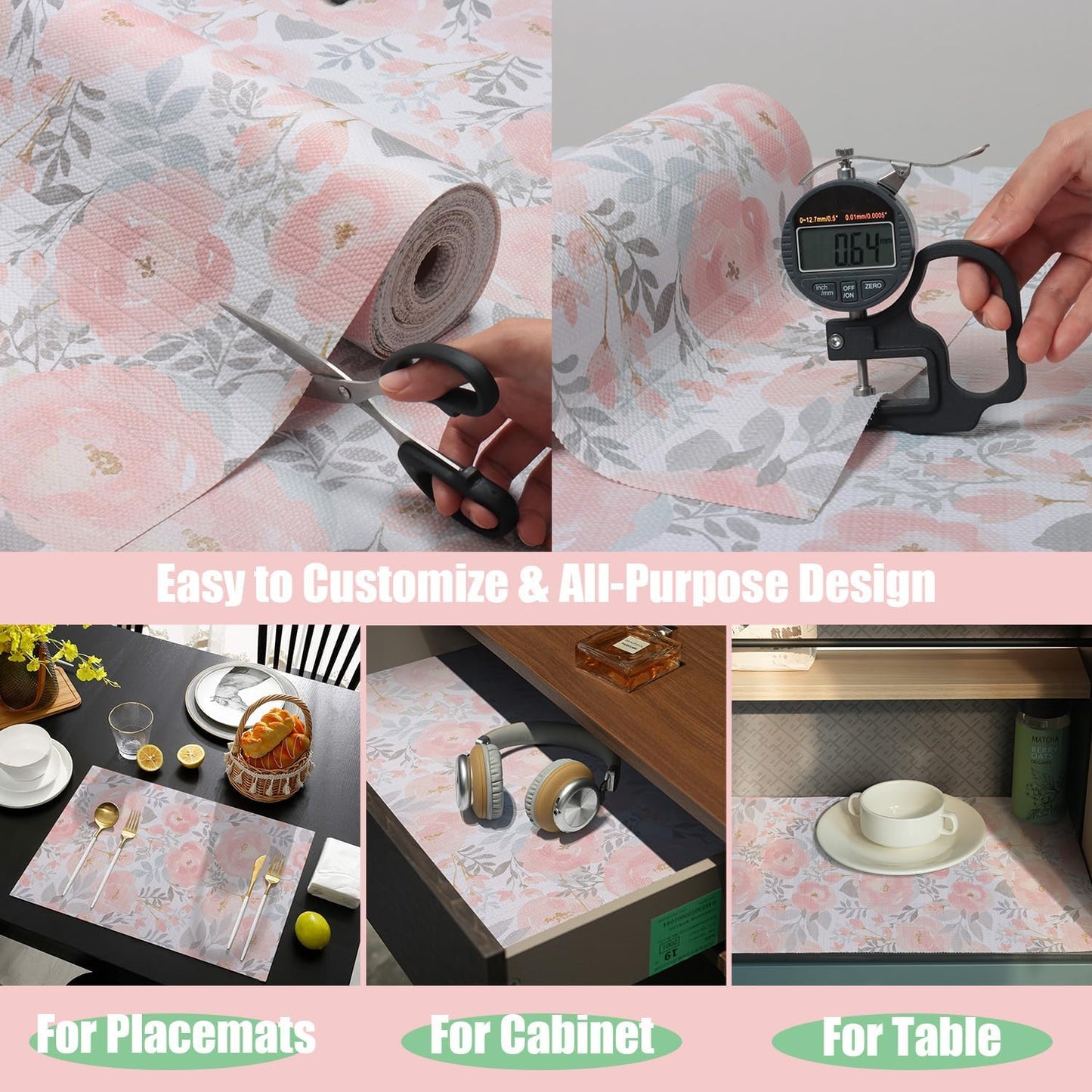 Peony Shelf and Drawer Liner for Kitchen,Non-Adhesive and Strong Non-Slip Floral Cabinet Drawer Liners for Kitchen Shelf, Waterproof Cupboard Liners,Easy to Clean,12In X 10FT