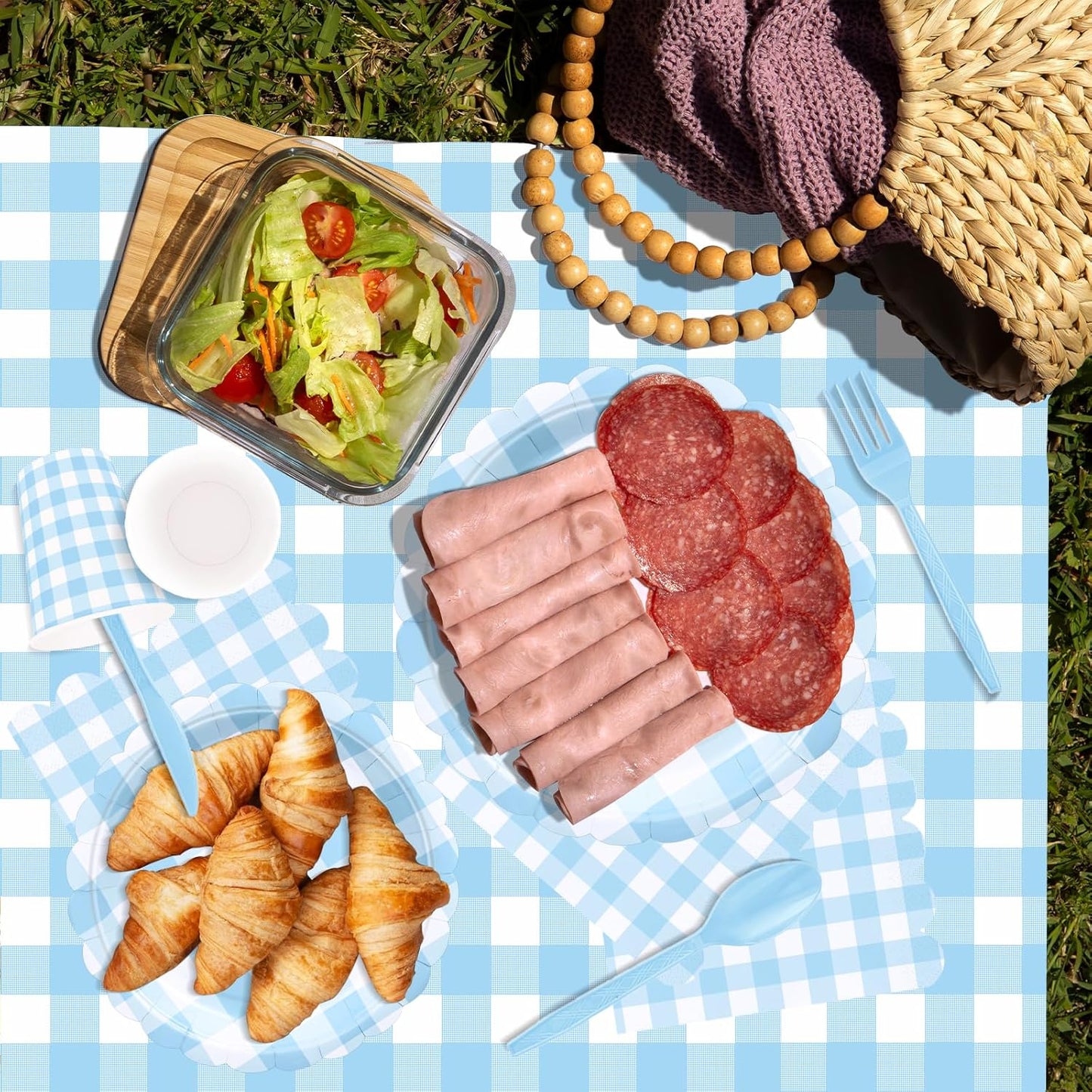 176 PCS Light Blue Gingham Plates and Napkins, Blue Checkered Disposable Plates Set with Napkins Cups Plastic Spoons Forks Knives for Dinner Birthday Baby Shower Wedding Supplies Serve 25 Guests