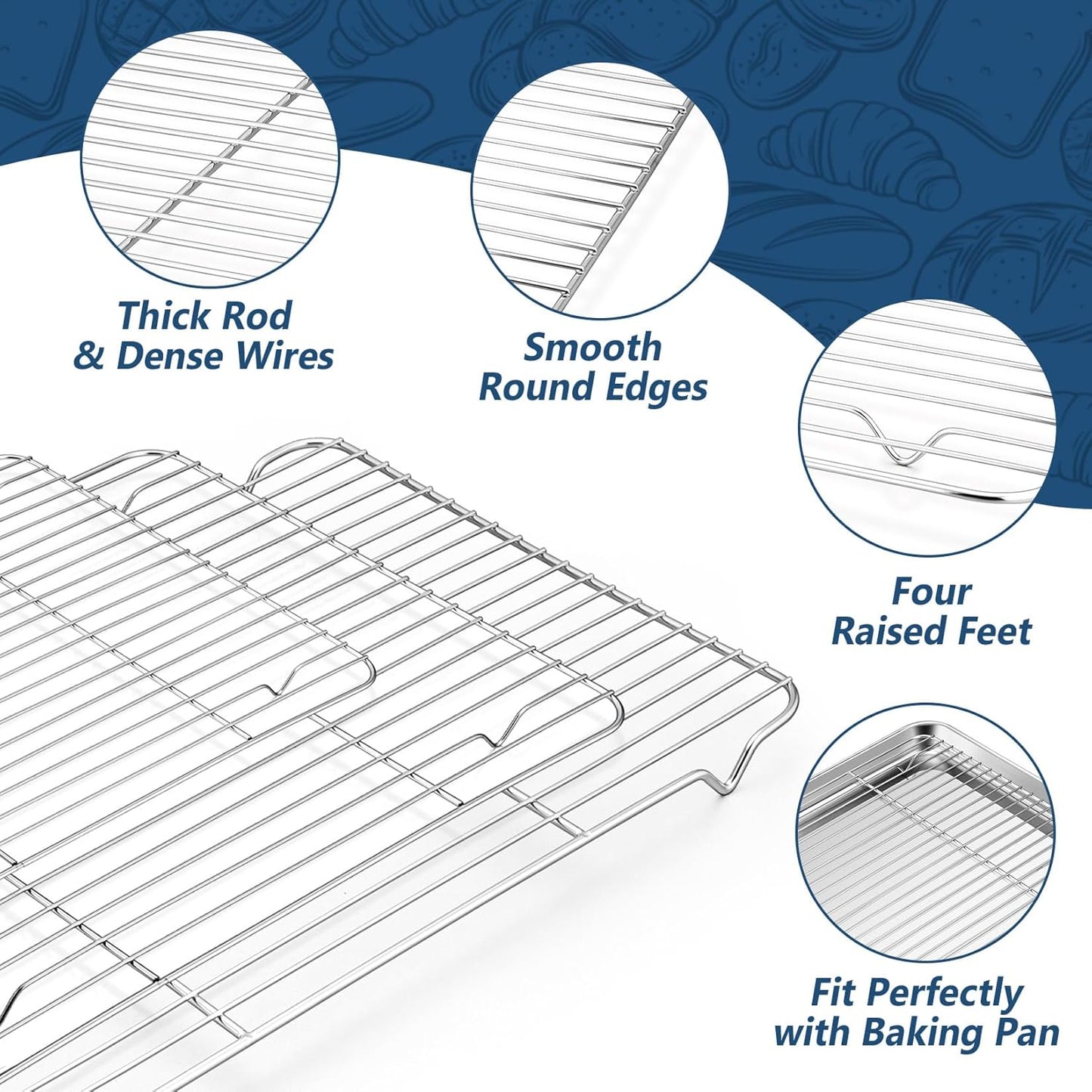 17.5 + 16 + 10.4 Inch Baking Sheets with Racks Set, Stainless Steel Baking Cookie Sheet Oven Pan and Cooling Rack, Healthy & Easy Clean, Oven & Dishwasher Safe, 3 Sizes & 6Pcs