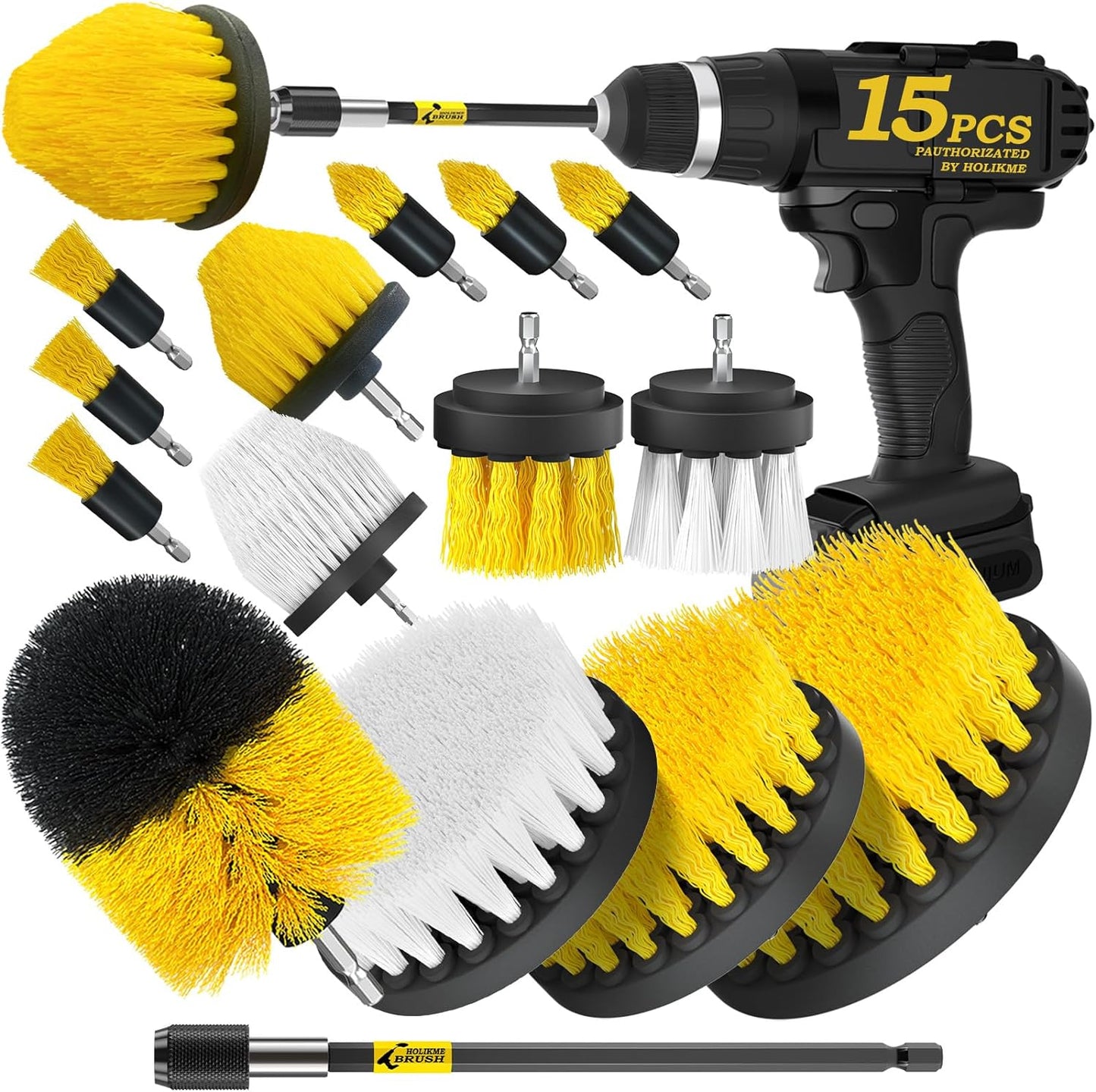15-Piece Drill Brush Attachment Set - Power Scrubber, Crevice, Scrub, Bathroom Gap, Grout, Tile & Kitchen Cleaning Brushes