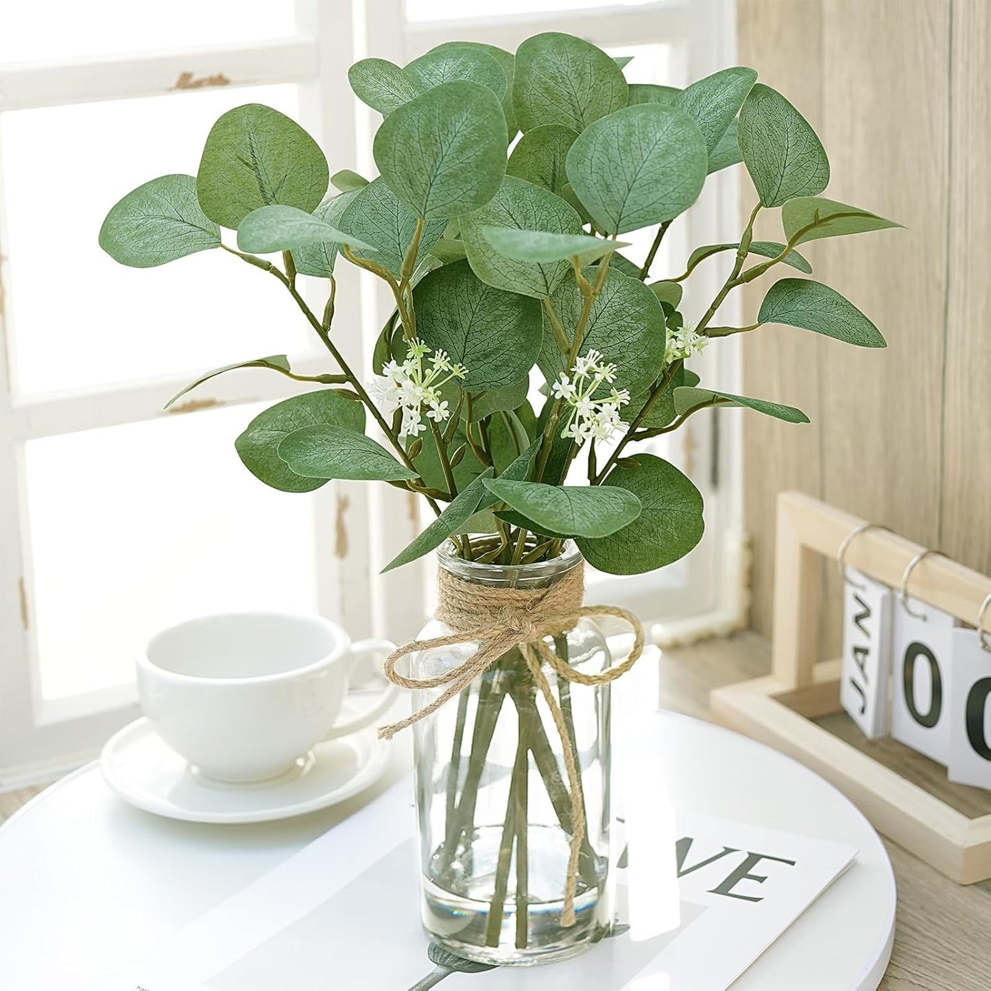 15" Artificial Eucalyptus Stems in Glass Vase with Faux Water, Fake Plant Eucalyptus Leaves for Bathroom Centerpiece Table Kitchen Farmhouse Wedding Home Greenery Décor, Green