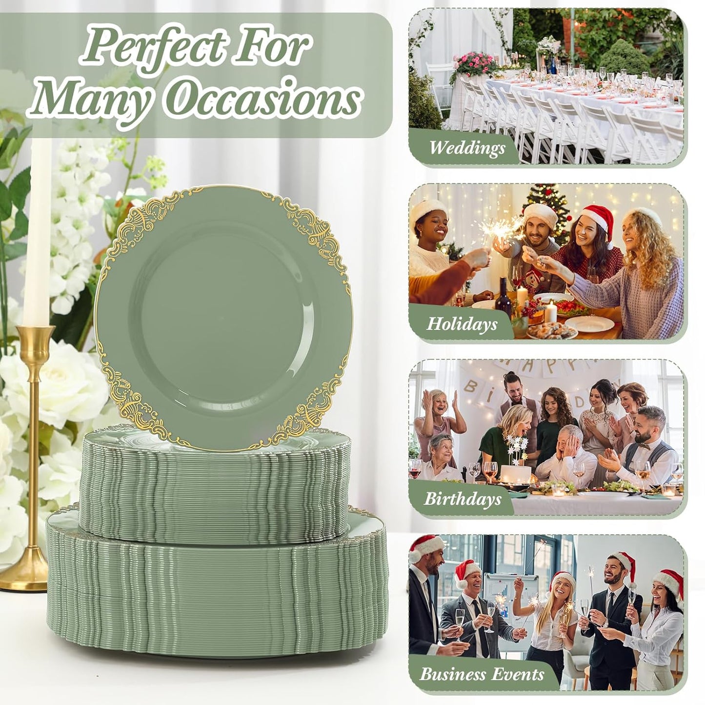300-Piece Sage Green Plastic Dinnerware Set with Gold Accents - Includes 50 Dinner Plates (10.2"), 50 Dessert Plates (7.5"), and 150 Gold Utensils for Weddings and Events