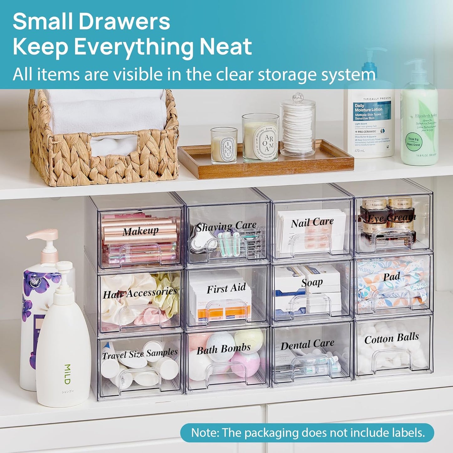 2 Pack Small Clear Stackable Storage Drawers,Acrylic Bathroom Makeup Organizer,Plastic Storage Bins for Vanity, Undersink, Kitchen Cabinets, Pantry, Home Organization