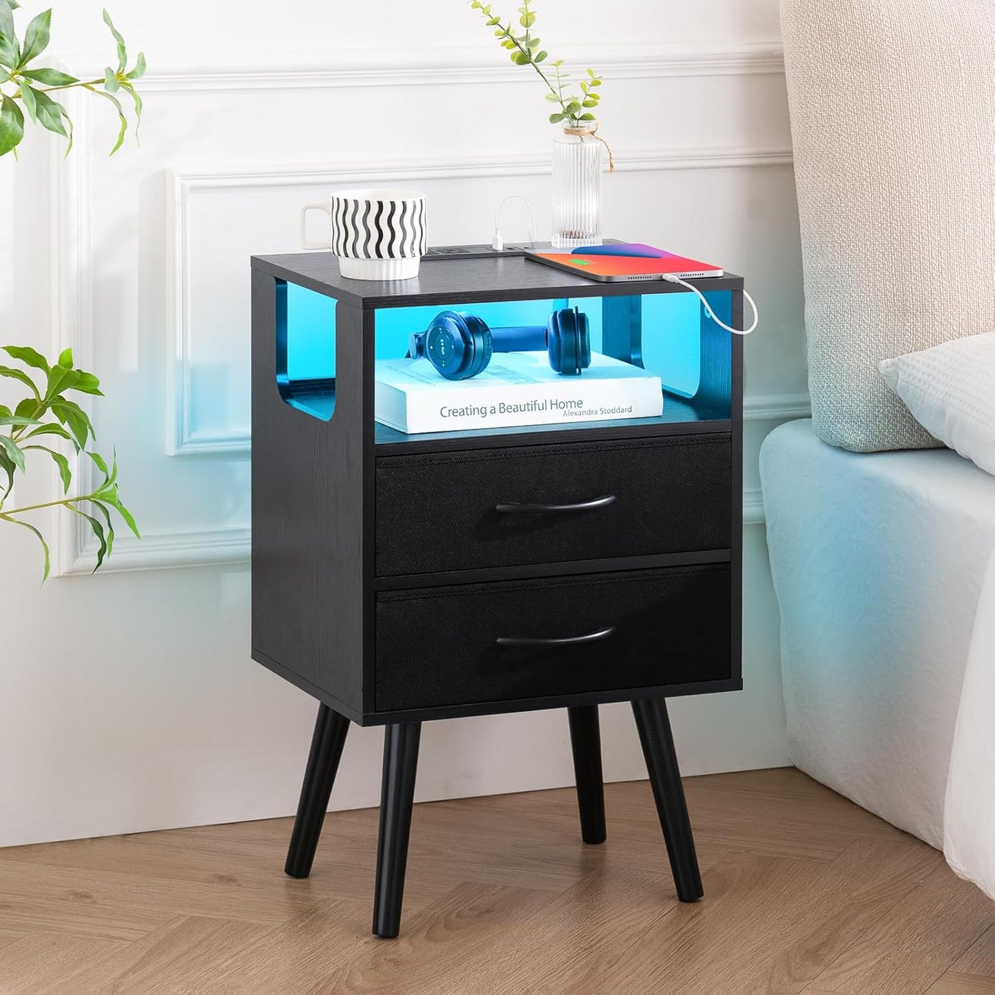 LED Night Stand with Charger Station, Mid Century Modern Nightstand with Fabric Drawers, Bedside Table Nightstands with Storage Shelf, Bed Side Table Small Night Stands for Bedroom Living Room