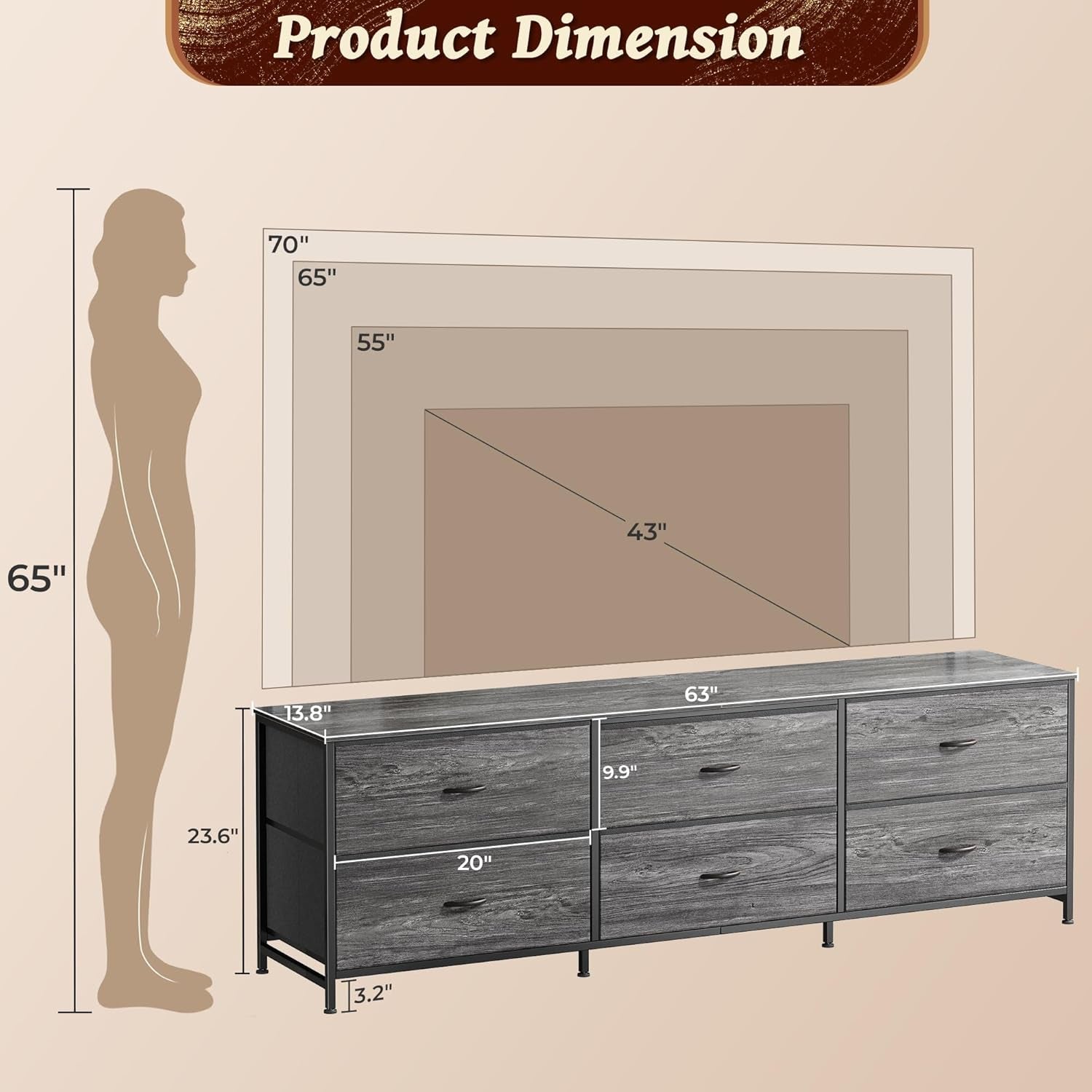 63-Inch Dresser and TV Stand Combination for Bedrooms, Accommodates 55 to 70 Inch TVs, Features 6 Fabric-Drawer Storage Solution, Ideal for Bedroom and Entryway, Grey Finish