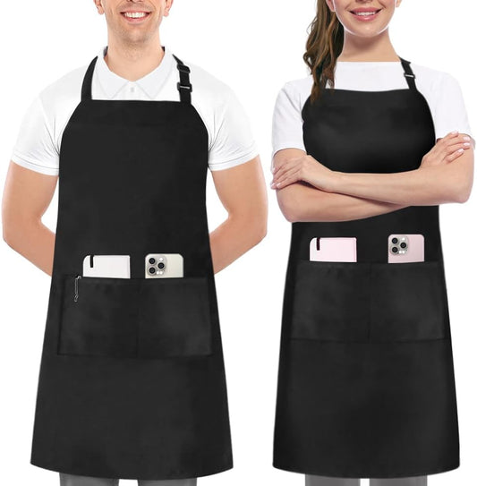 2 Pack Bib Apron, Adjustable with 2 Pockets, Water and Oil Resistant, Cooking Kitchen Chef Apron for Women Men