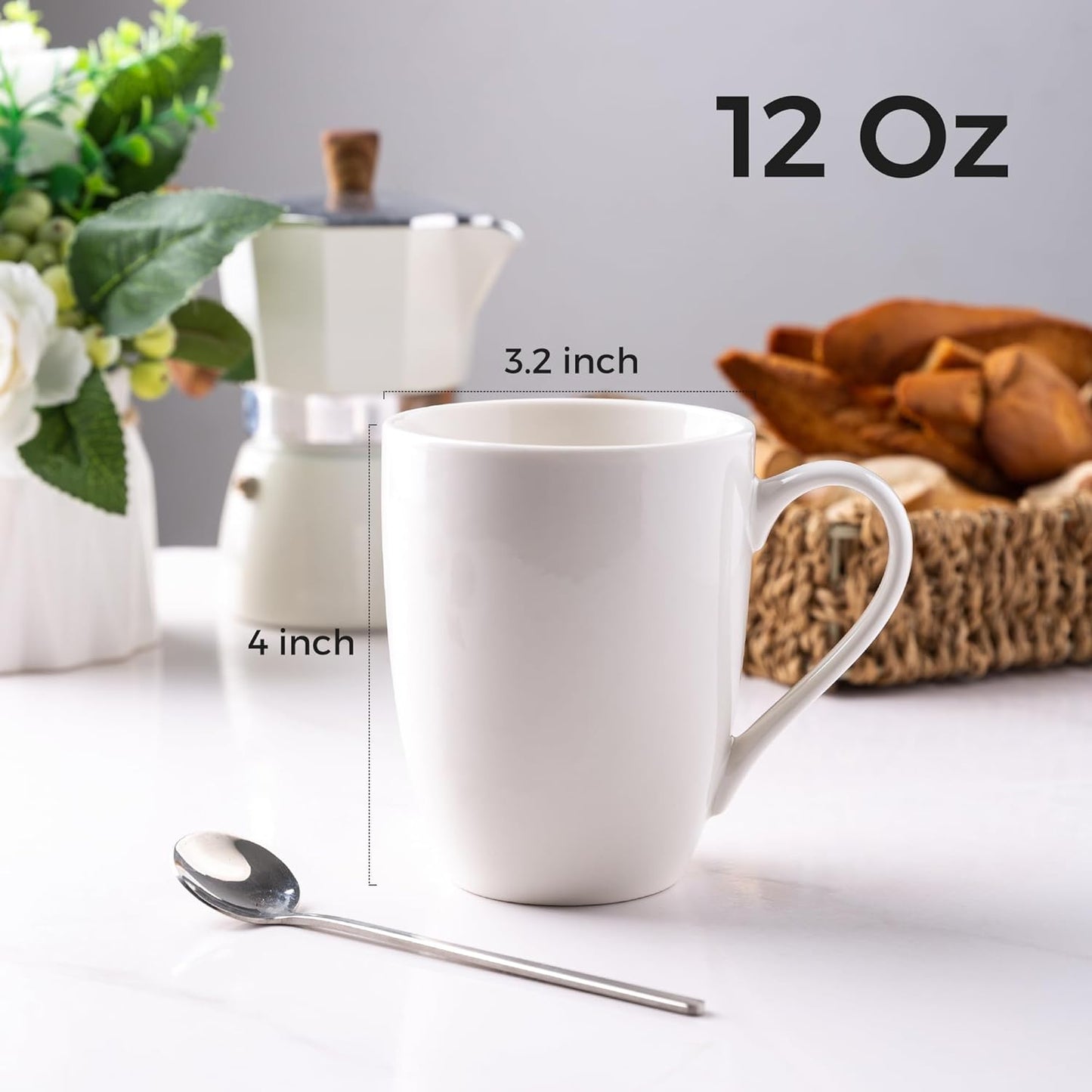12 oz Off-White Ceramic Coffee Mug Set with Large Handle, Lightweight and Dishwasher & Microwave Safe, Ideal for Latte, Cappuccino, Cocoa, and Milk, 12 Pieces