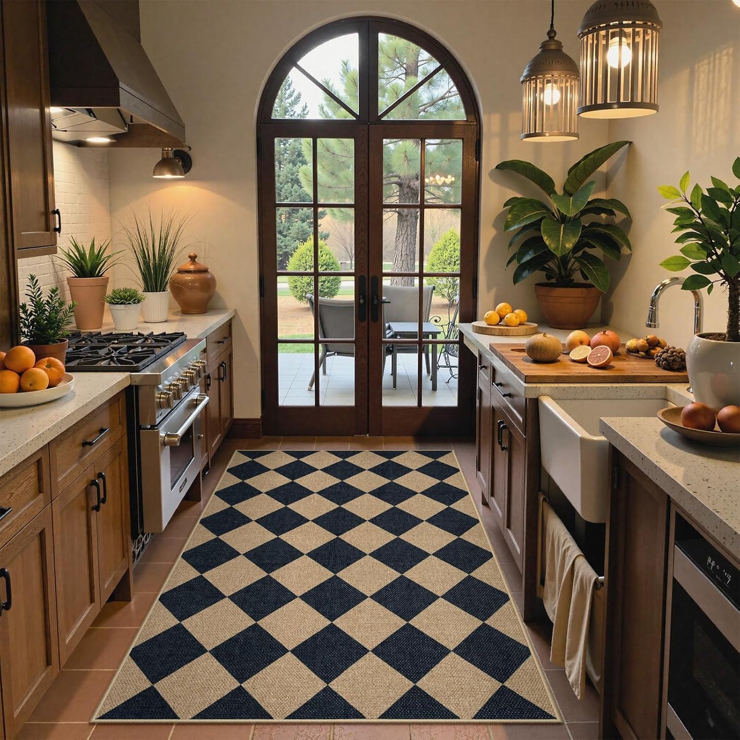 Checkered Easy Jute 3X5 Outdoor Patio Rug, Washable Rugs for Entryway Diamond Indoor Outdoor Living Room Carpet, Farmhouse Neutral Non Slip Black Door Carpet for Backyard Bedroom