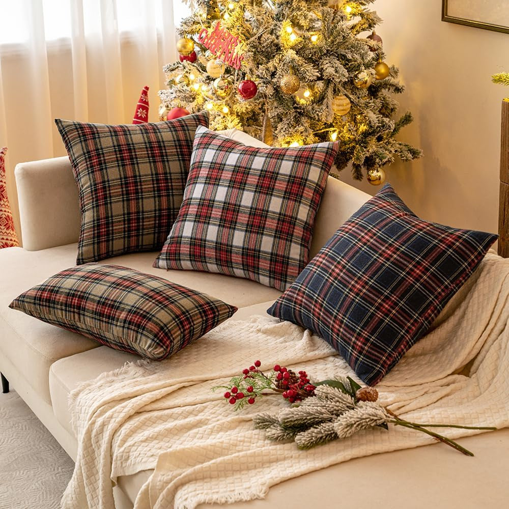 Scottish Tartan Plaid Throw Pillow Covers - Set of 2, 18x18 Inch Decorative Cushion Cases for Farmhouse and Outdoor Use, Blue