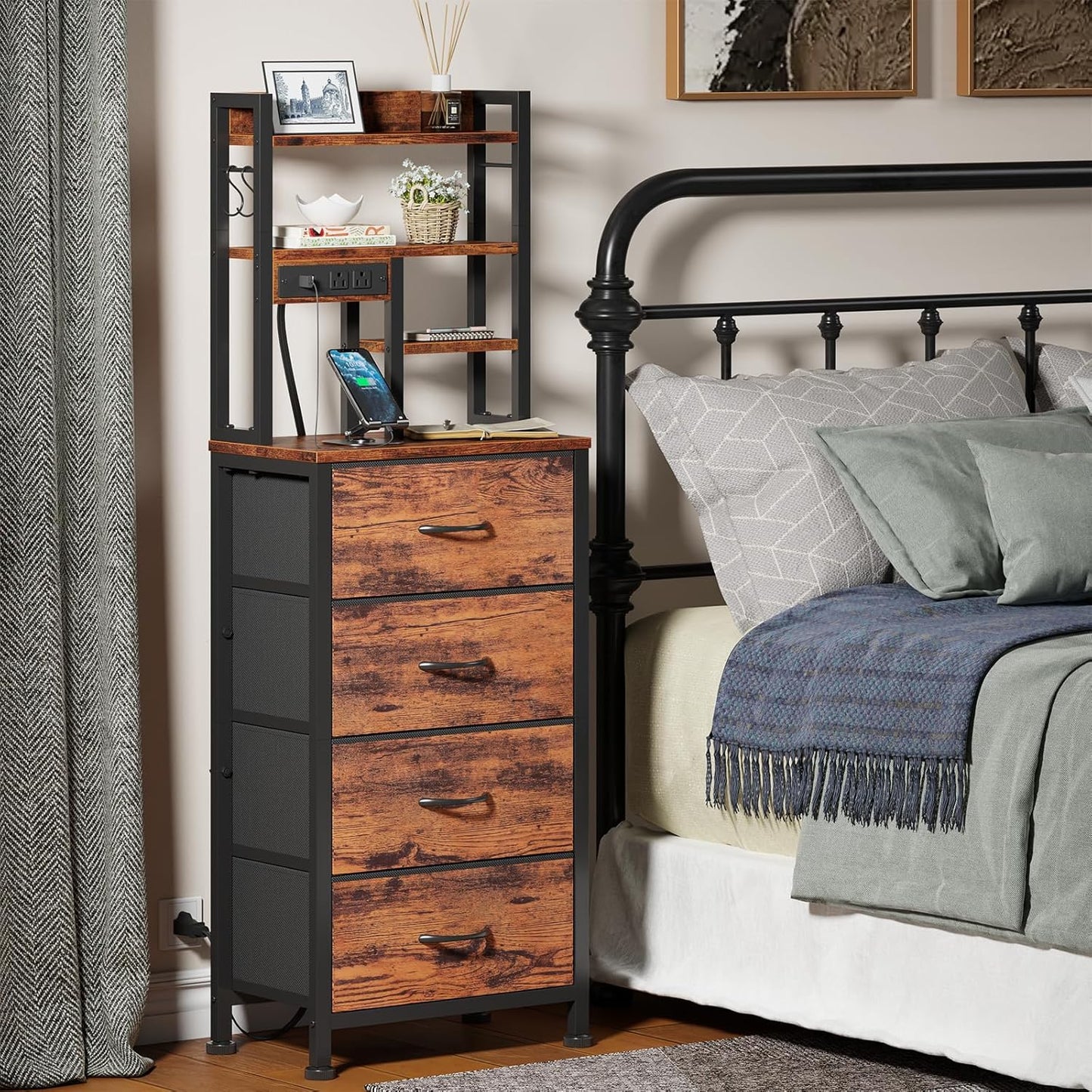 Tall Nightstand with LED Charging Station, USB Ports, Four Fabric Drawers, and Four-Tier Storage Shelf - Rustic Brown Bedside Table for Bedroom, Home, Dorm, and Office