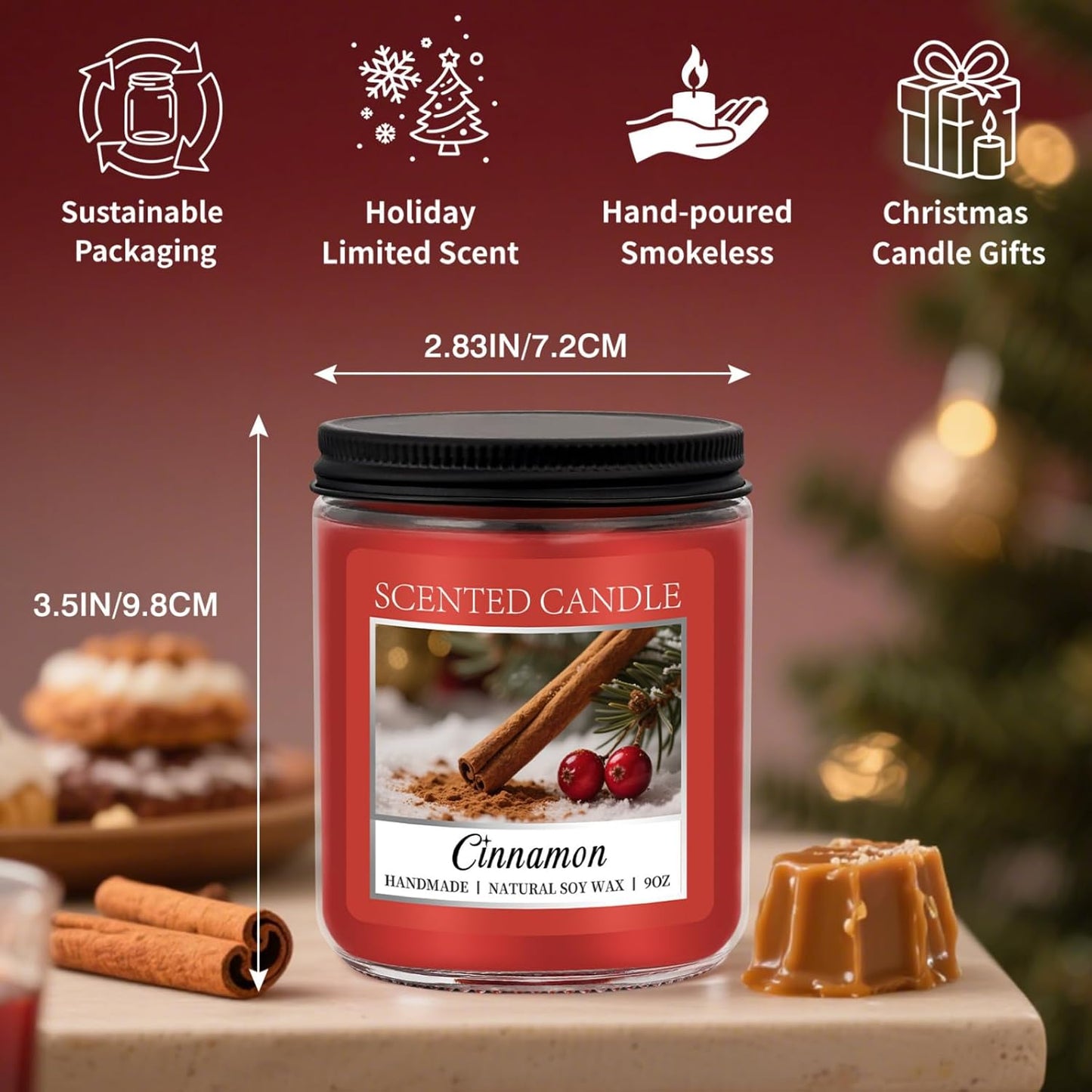 Cozy 9OZ Cinnamon Candle Scented Strong, Christmas Candles Cinnamon Stick Apple Scented with 50+ Hours of Burn Time, Fall & Winter Christmas Candles Gifts & Hoilday Home Décor