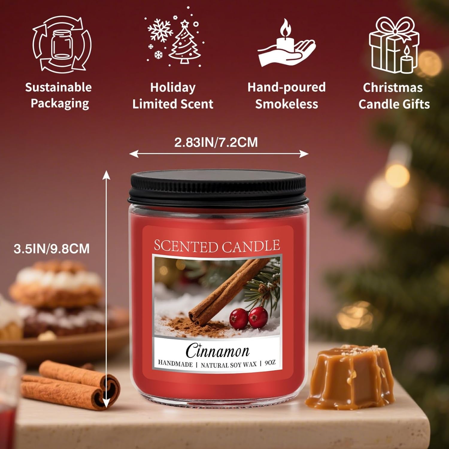 Cozy 9OZ Cinnamon Candle Scented Strong, Christmas Candles Cinnamon Stick Apple Scented with 50+ Hours of Burn Time, Fall & Winter Christmas Candles Gifts & Hoilday Home Décor