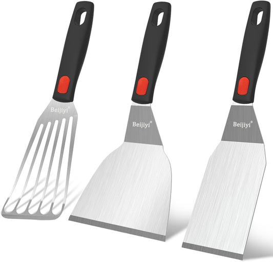 Stainless Steel Spatula Set, Heavy Duty Small Metal Spatula for Cooking Cast Iron Skillet with Silicone Handle - Griddle Grill Kitchen Spatula Flipper for Pancake, Fish, Smash Burger and Egg