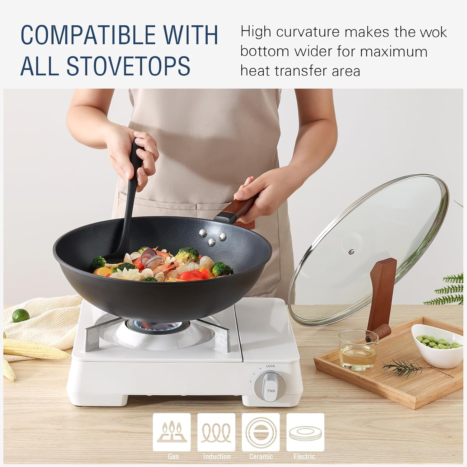 Nonstick Wok with Lid, 13 Inch Woks & Stir Fry Pans Nonstick, Carbon Steel Wok for Cooking, Pre-Seasoned Flat Bottom Chinese Wok for Induction, Electric, Gas Stoves