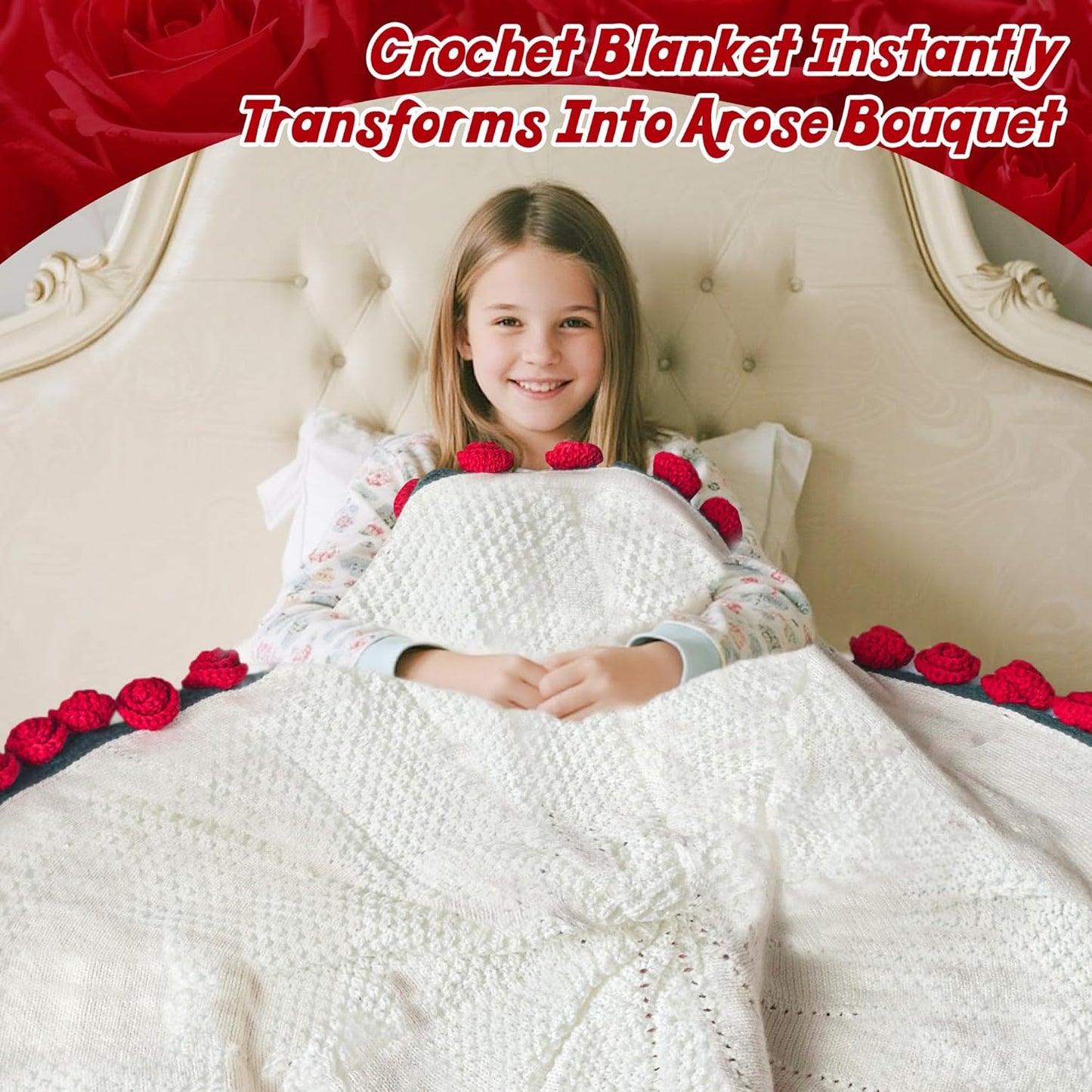 Finished Flower Bouquet Blanket, Handmade Crochet Flower Blanket, Soft Knitted Throw Rose Blankets, Romantic Gift for Birthday Wedding Valentine’S Day Mother'S Day Christmas (Rose, 31 Inch)