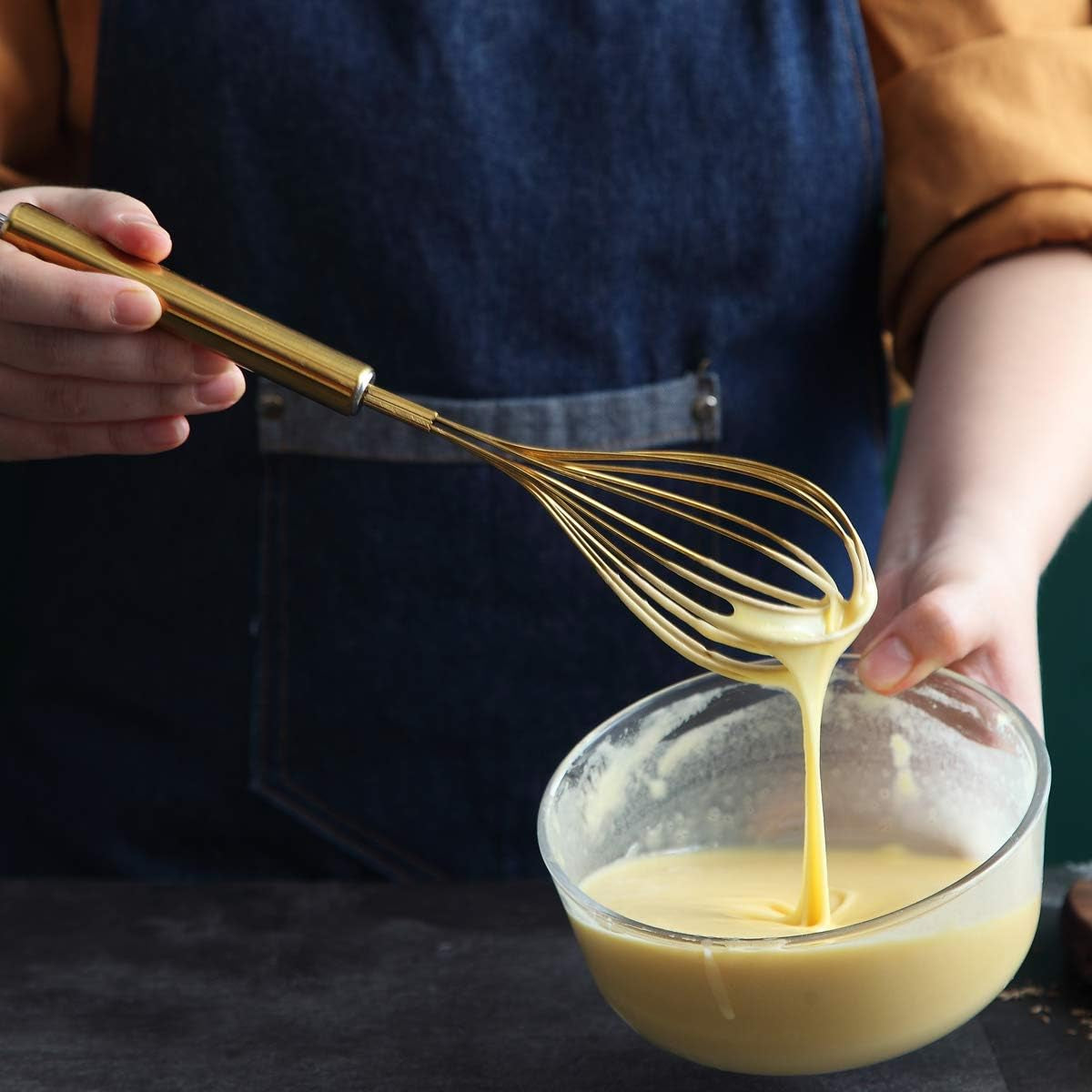 Gold Stainless Steel Whisk Set - 3-Piece (8", 10", 12") with Titanium Plating for Cooking and Baking