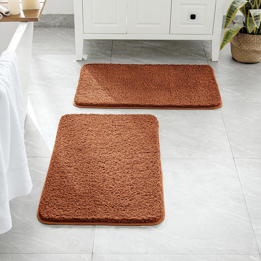 Set of 2 Non-Slip Burnt Orange Extra Thick Shaggy Bathroom Rugs - Plush Microfiber Absorbent Bath Mats for Tub and Shower, Machine Washable (16x24 Inches)