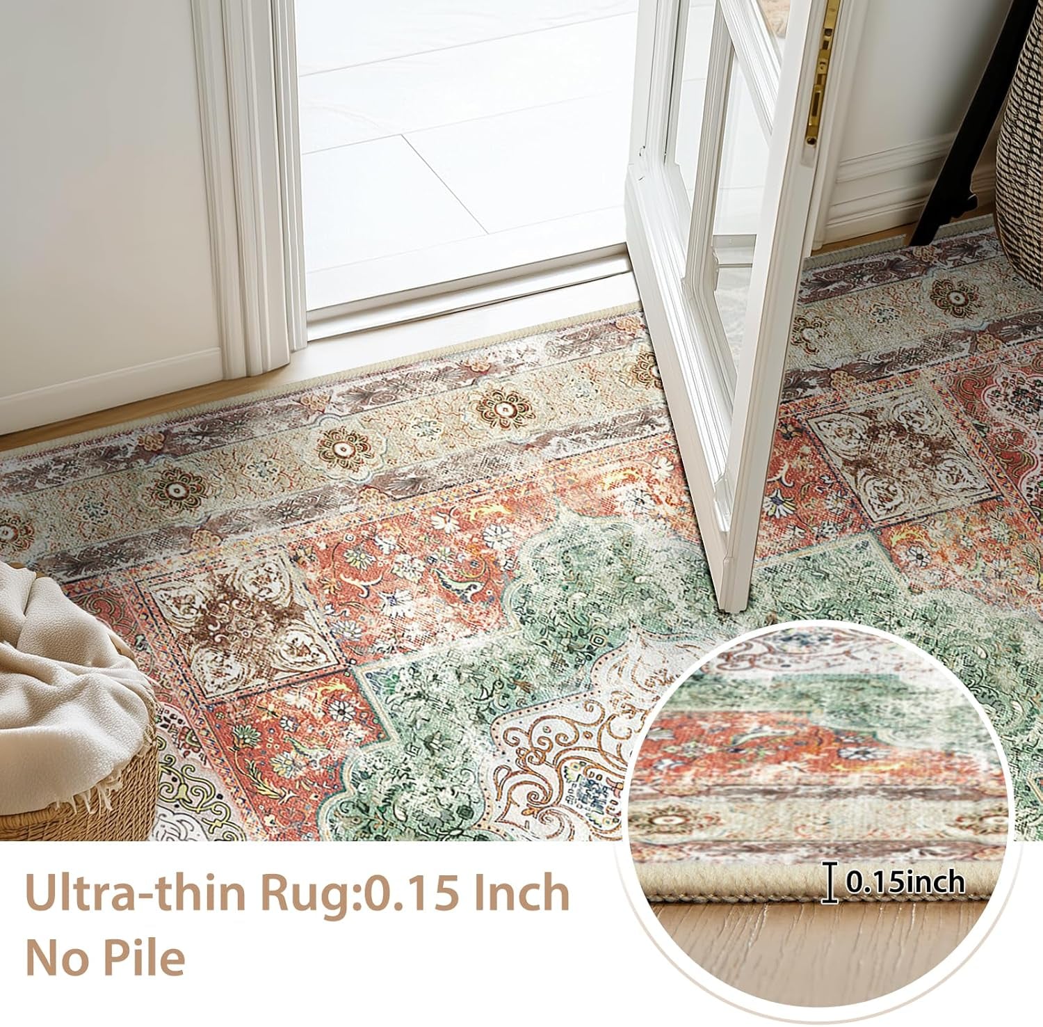 8X10 Area Rugs Machine Washable No Pile Non Slip Vintage Rugs for Living Room&Bedroom&Dinning Room Bohemian Distressed Carpet Indoor,Brick