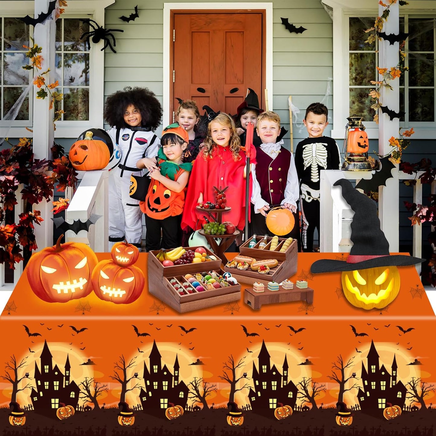 3 Packs Orange Halloween Tablecloth 54 X 108 Inches Scary Castle Ghost Pumpkin Table Cloth Disposable Waterproof Plastic Bat Spider Web Table Cover Trick or Treat for Halloween Party Dining