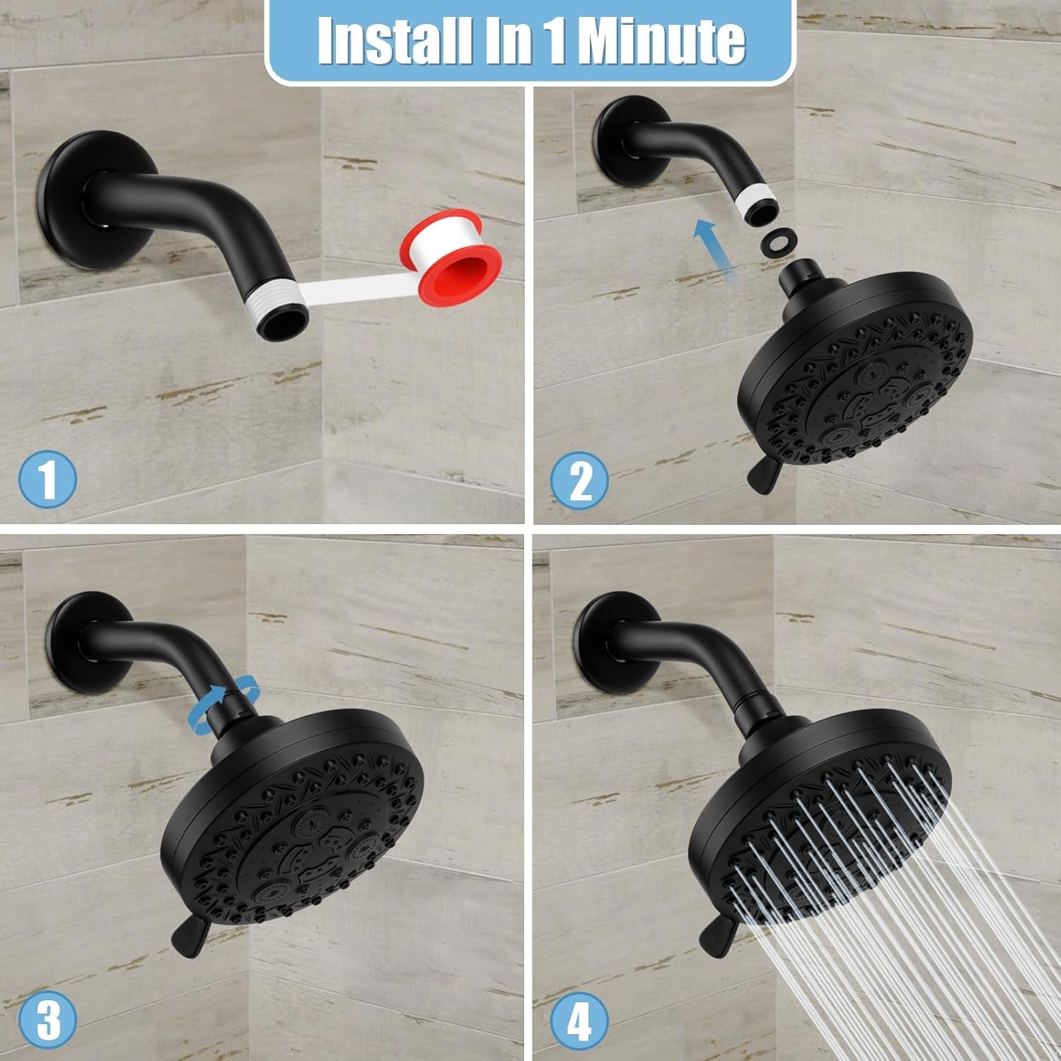 8 Spray Modes Shower Head, 5 Inch High Pressure Shower Heads with 62 Anti-Clogging Nozzles and Adjustable Brass Ball Joint, Replacement for Bathroom Showerhead, Matte Black