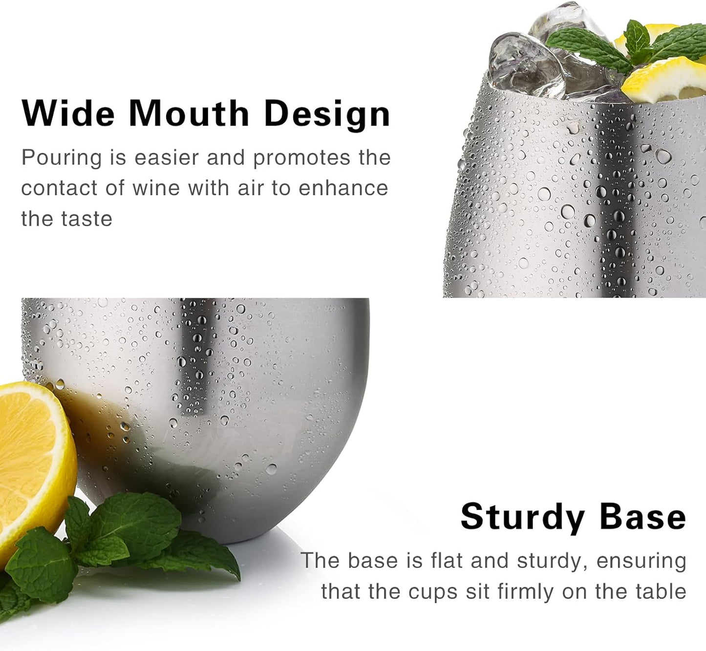 Stemless Stainless Steel Wine Glasses Set of 4, 18Oz Unbreakable Metal Wine Glass, Fancy, Unique Wine Goblets for Outdoor, Travel, Camping and Pool, Ideal Gift for Wine Lovers (Silver)