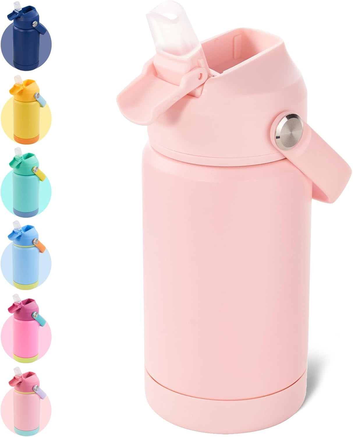 Kids Water Bottle, Stainless Steel Insulated Water Bottle for Kids, School, Boys Girls - Toddler Cup with Straws, Leak-Proof, BPA Free, Pink, 12 Oz
