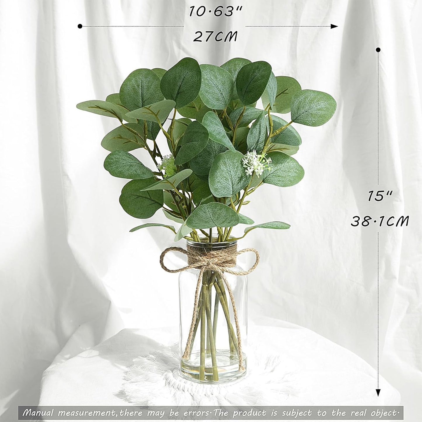 15" Artificial Eucalyptus Stems in Glass Vase with Faux Water, Fake Plant Eucalyptus Leaves for Bathroom Centerpiece Table Kitchen Farmhouse Wedding Home Greenery Décor, Green