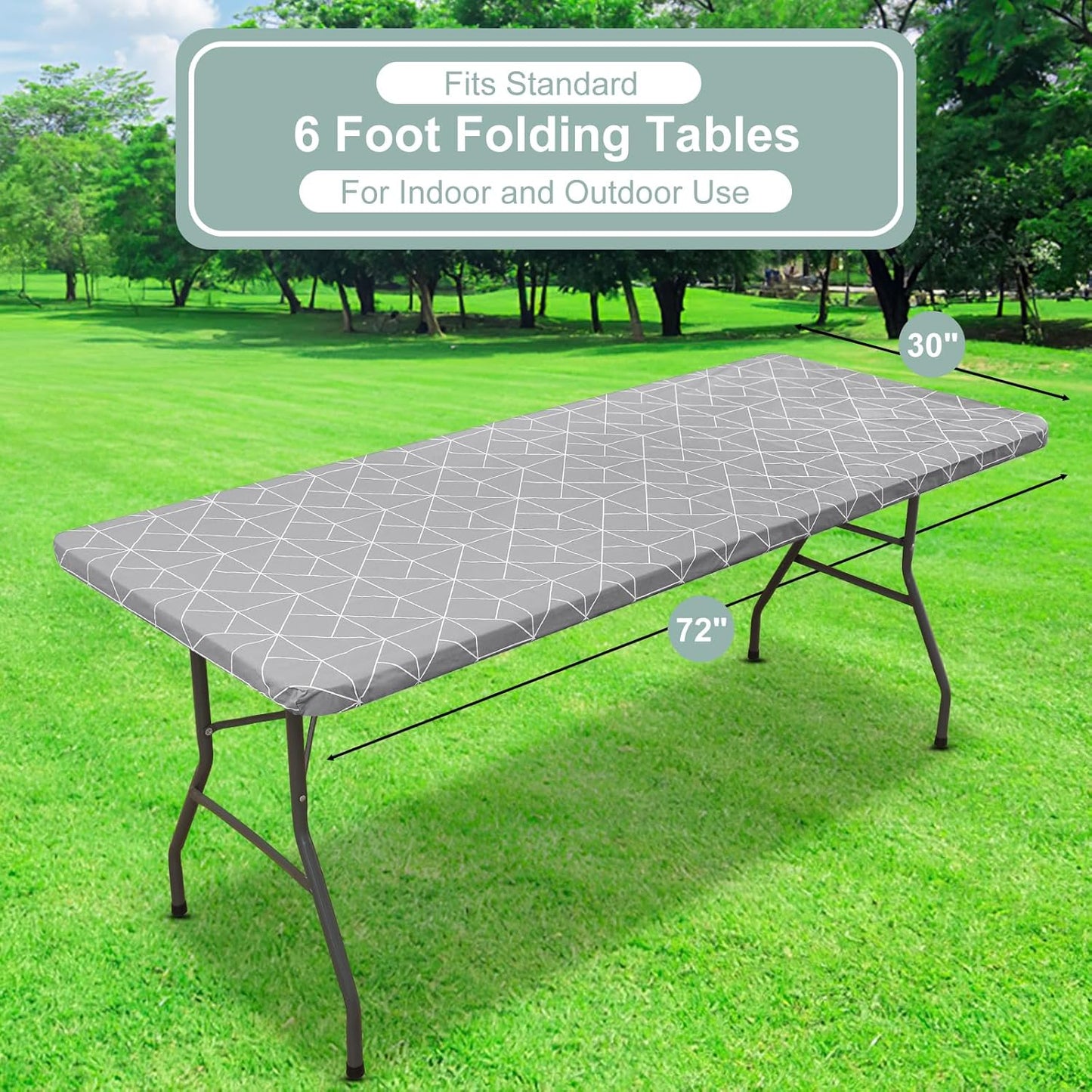 Rectangle Fitted Plastic Table Cloth, Elastic Vinyl Flannel Backed Tablecloth, Waterproof Table Cover Fits 6 Foot Folding Tables for Outdoor Picnic Camping (Light Grey, 30" X 72")